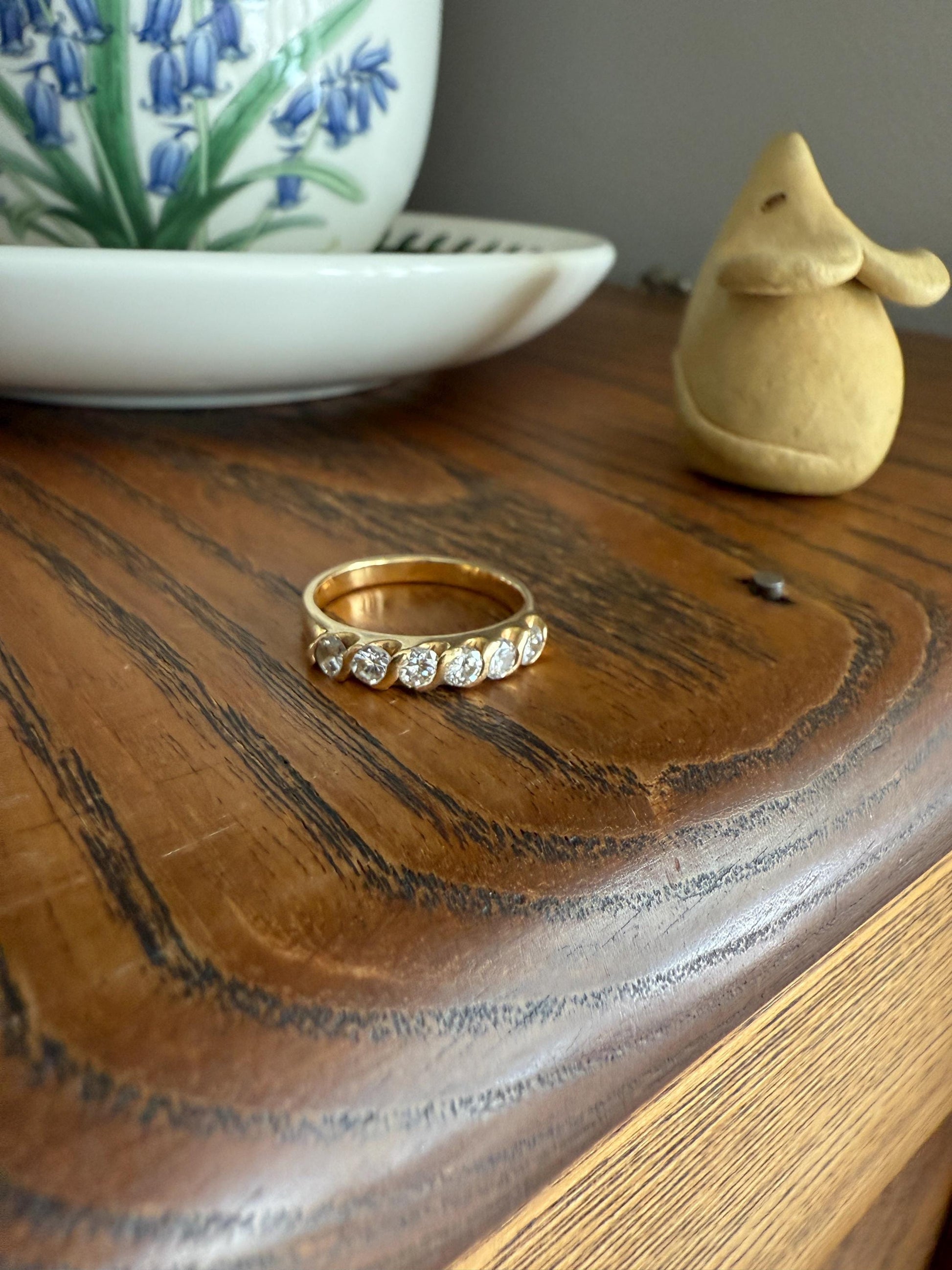 Vintage 18k Gold Solid Eye Clean .72 Carat Six Stone Older Brilliant Cut Diamond Stacker Band Ring Swirl Bezel