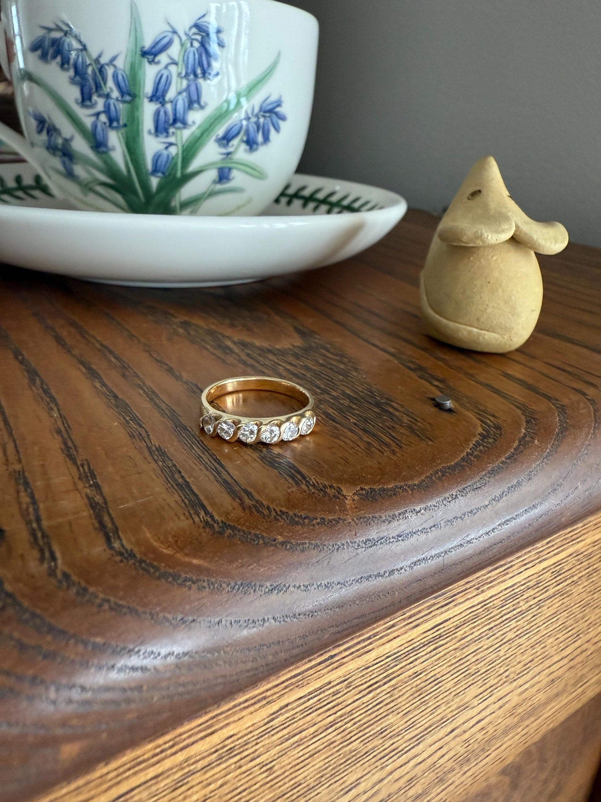 Vintage 18k Gold Solid Eye Clean .72 Carat Six Stone Older Brilliant Cut Diamond Stacker Band Ring Swirl Bezel