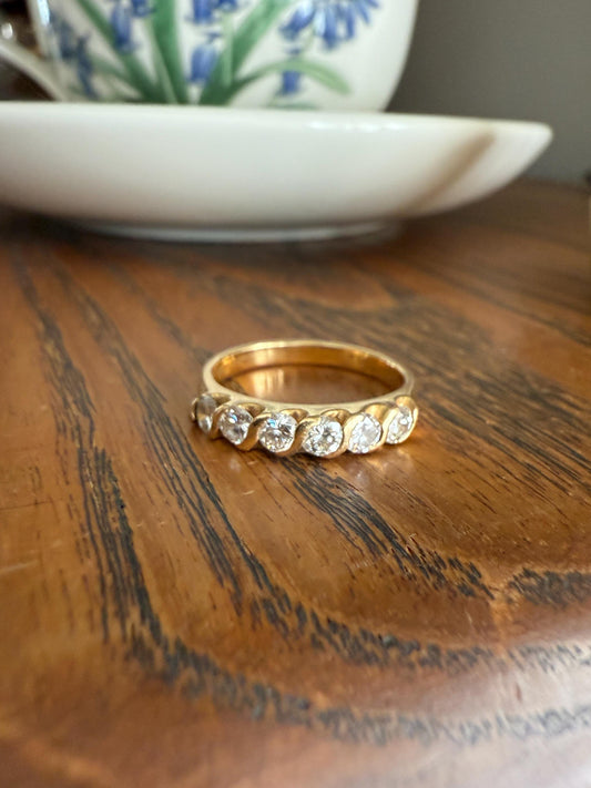 Vintage 18k Gold Solid Eye Clean .72 Carat Six Stone Older Brilliant Cut Diamond Stacker Band Ring Swirl Bezel