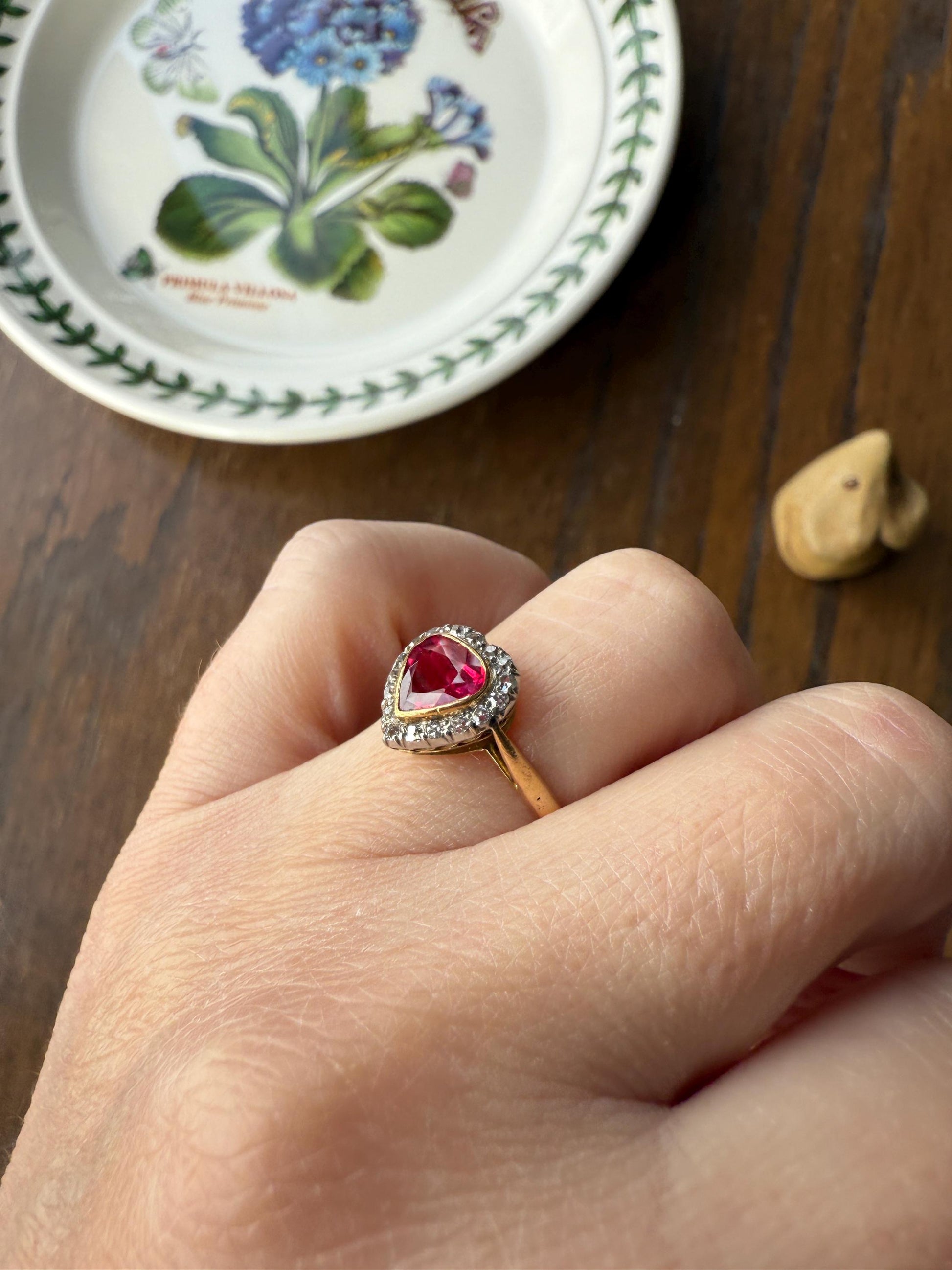 HEART French Antique Ruby Old Mine Cut Diamond 18k Gold Figural Halo Ring Pink Colorful Stacker Romantic Gift