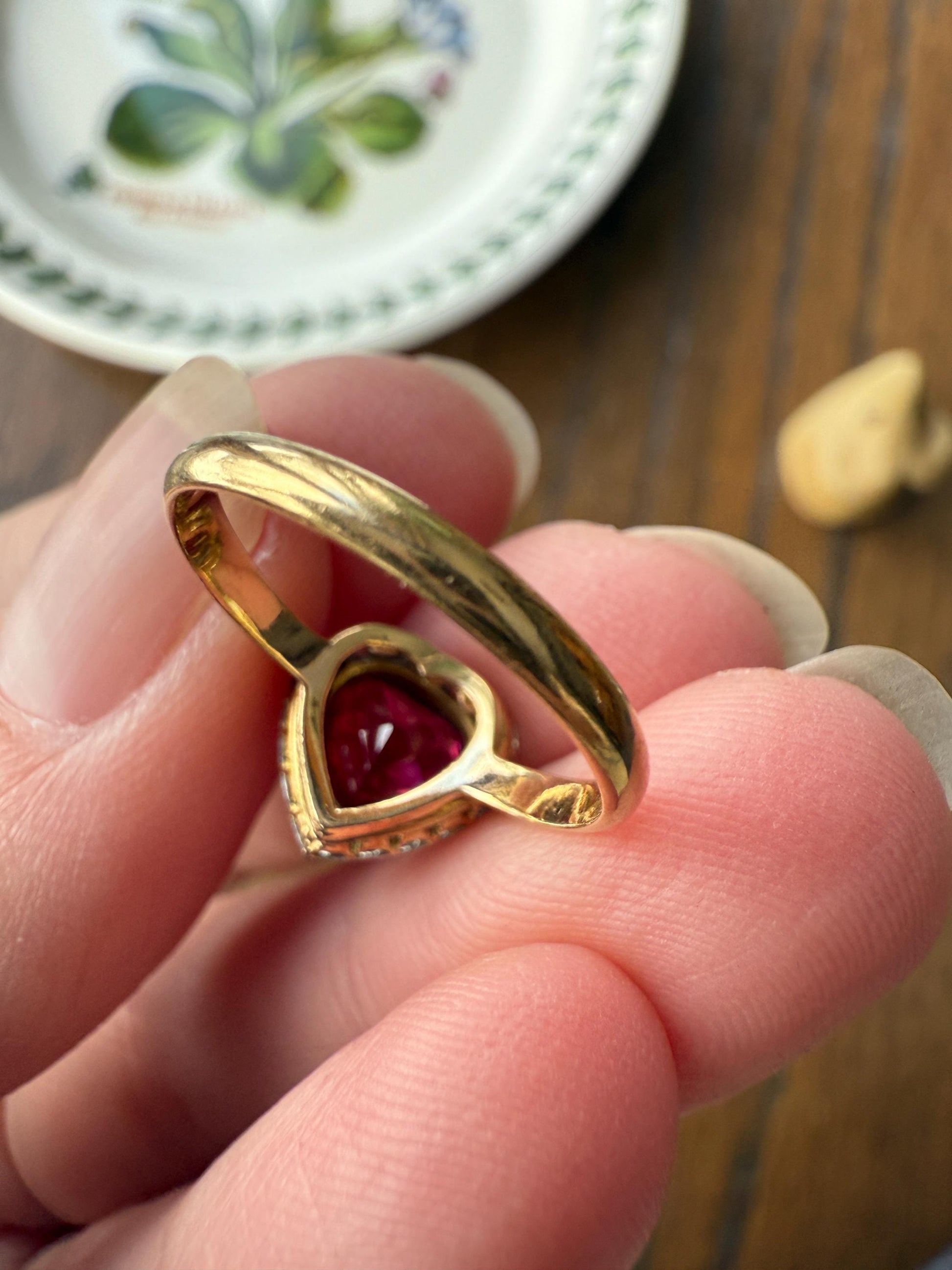 HEART French Antique Ruby Old Mine Cut Diamond 18k Gold Figural Halo Ring Pink Colorful Stacker Romantic Gift