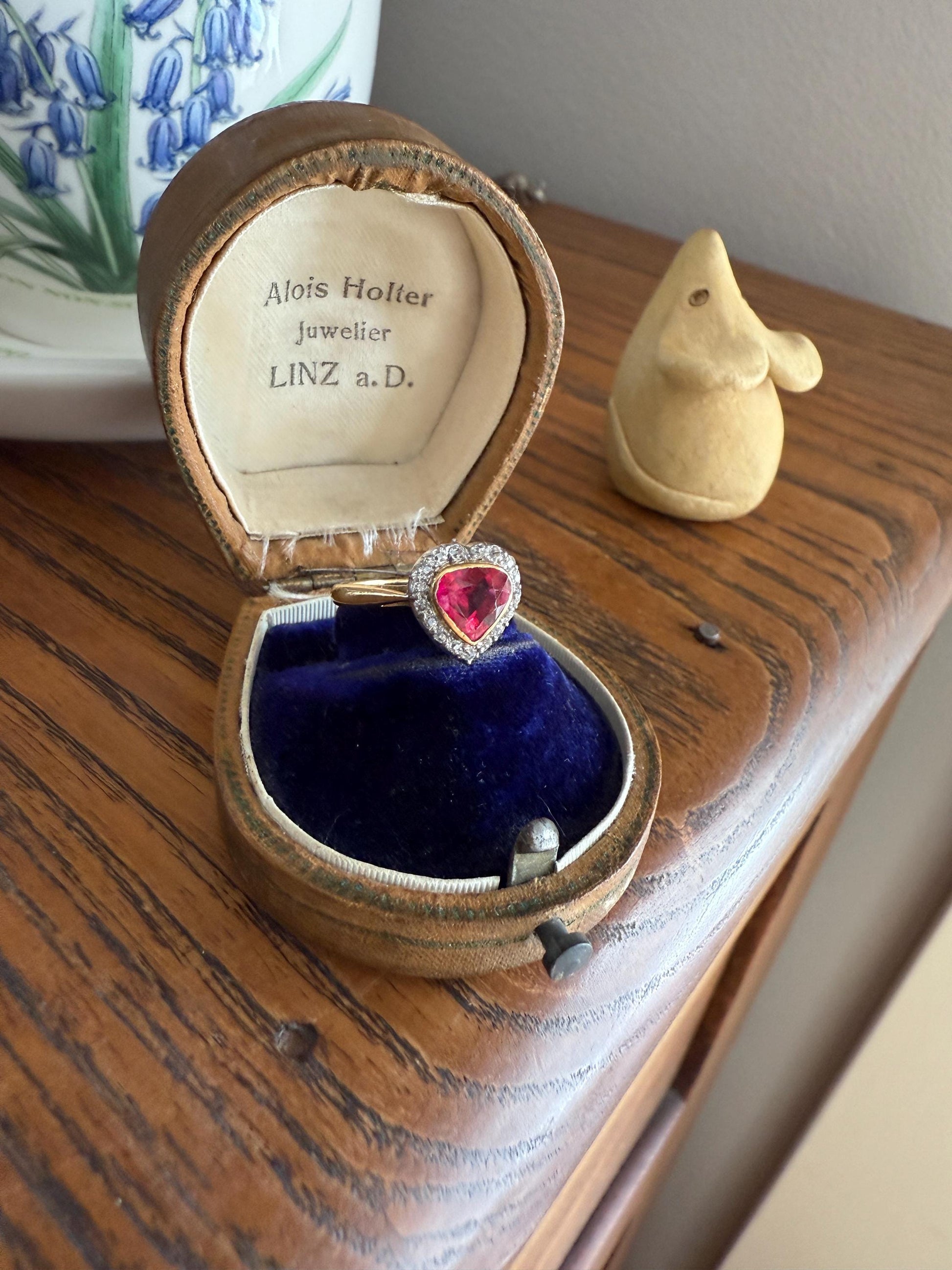 HEART French Antique Ruby Old Mine Cut Diamond 18k Gold Figural Halo Ring Pink Colorful Stacker Romantic Gift