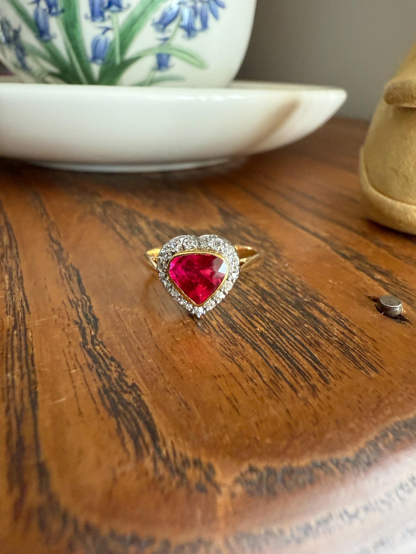 HEART French Antique Ruby Old Mine Cut Diamond 18k Gold Figural Halo Ring Pink Colorful Stacker Romantic Gift