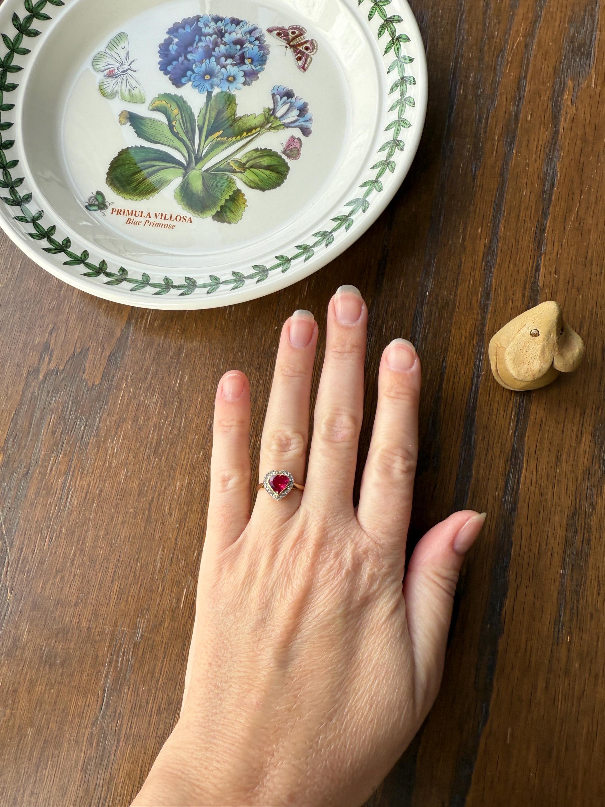 HEART French Antique Ruby Old Mine Cut Diamond 18k Gold Figural Halo Ring Pink Colorful Stacker Romantic Gift