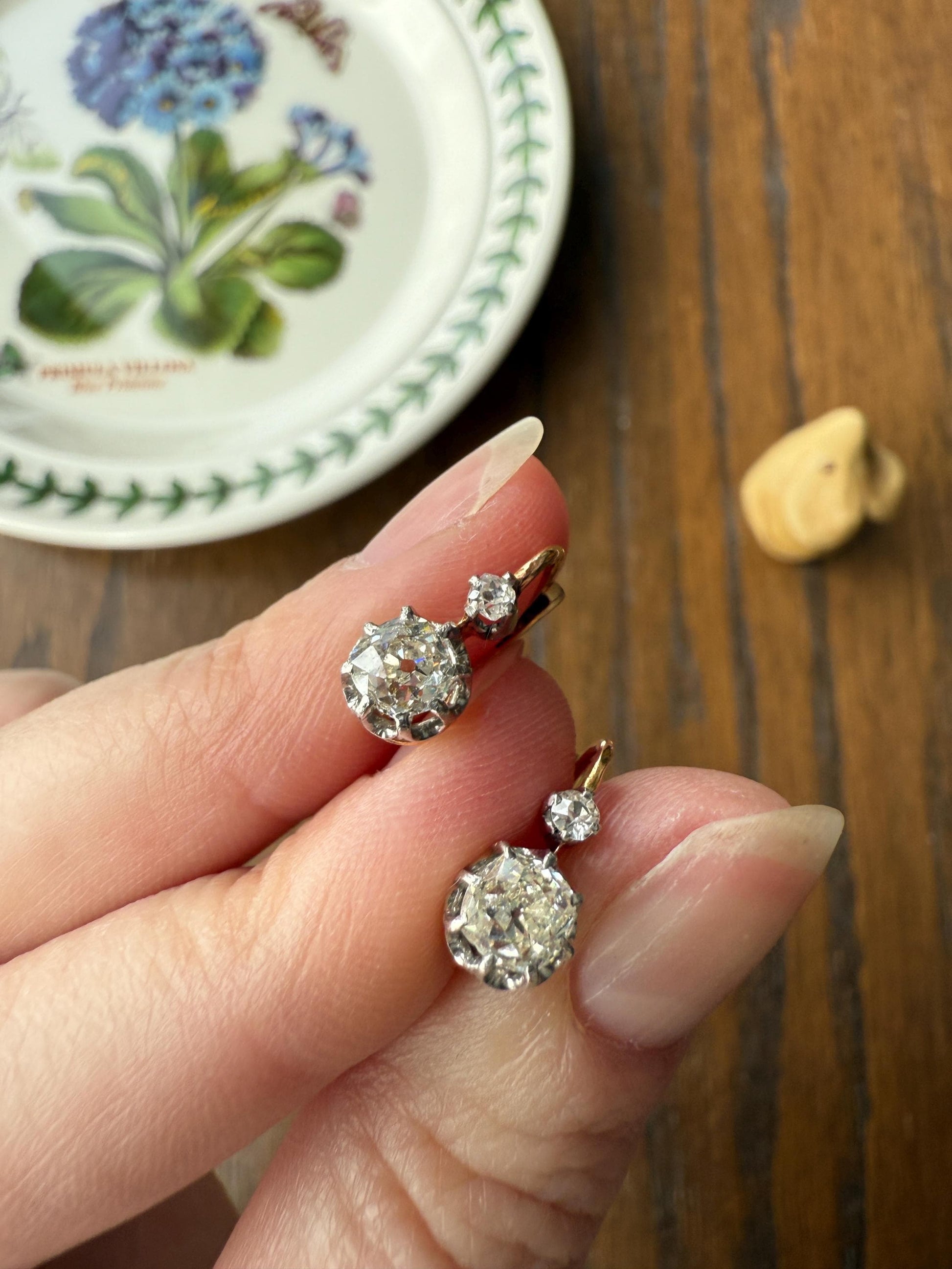 BOXED Antique 1.5 Carat Tdw Old Mine Cut Diamond Earrings 18k Gold French Victorian Dangle Dormeuse Gift Belle Epoque Bridal Something Old