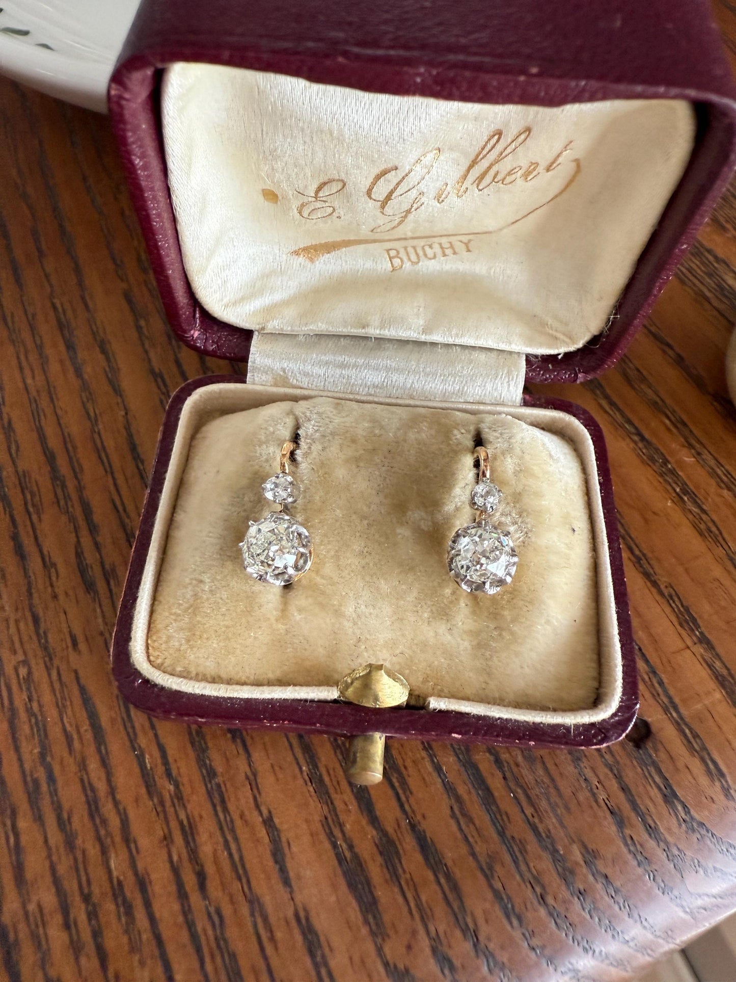 BOXED Antique 1.5 Carat Tdw Old Mine Cut Diamond Earrings 18k Gold French Victorian Dangle Dormeuse Gift Belle Epoque Bridal Something Old