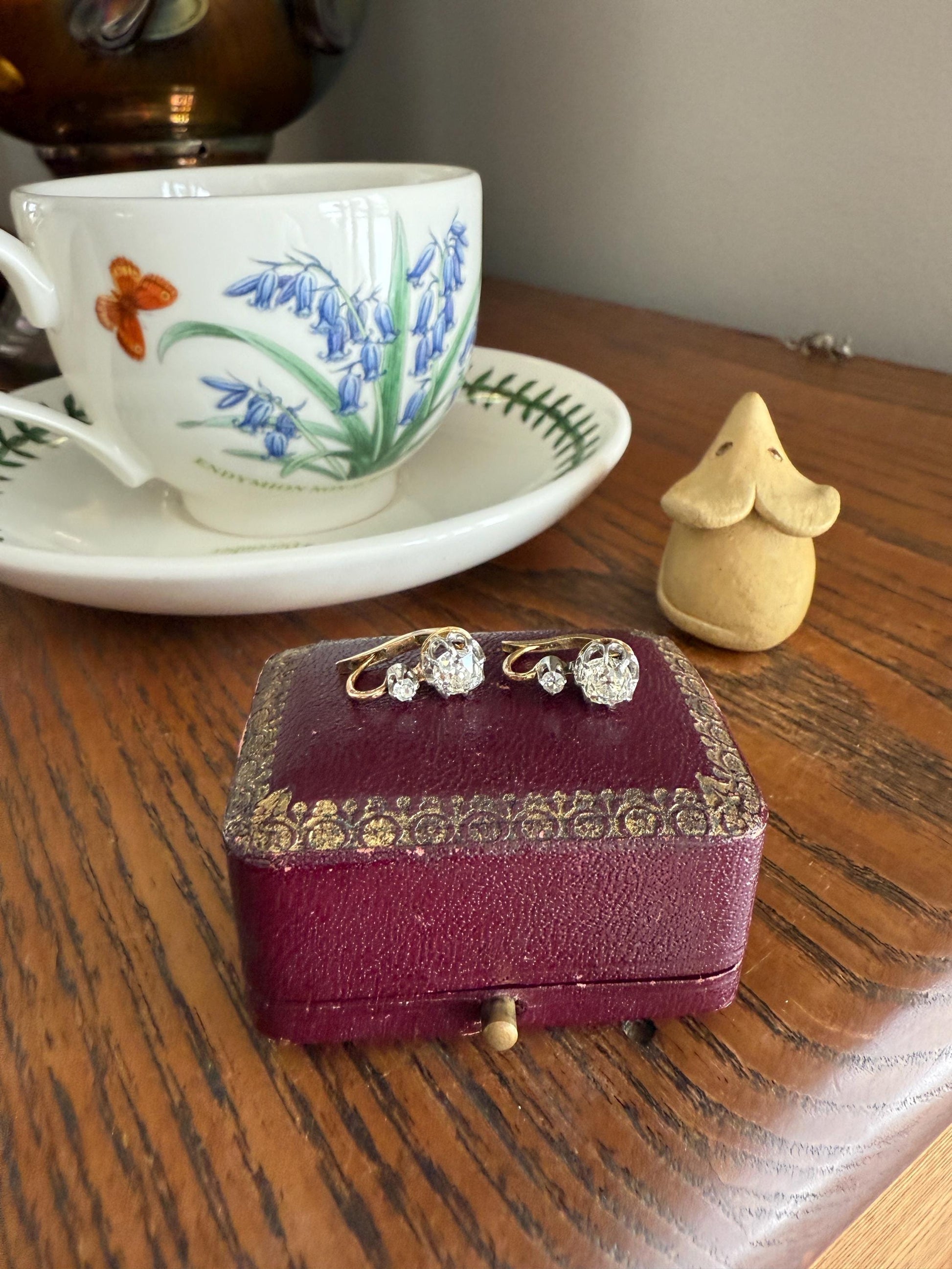 BOXED Antique 1.5 Carat Tdw Old Mine Cut Diamond Earrings 18k Gold French Victorian Dangle Dormeuse Gift Belle Epoque Bridal Something Old