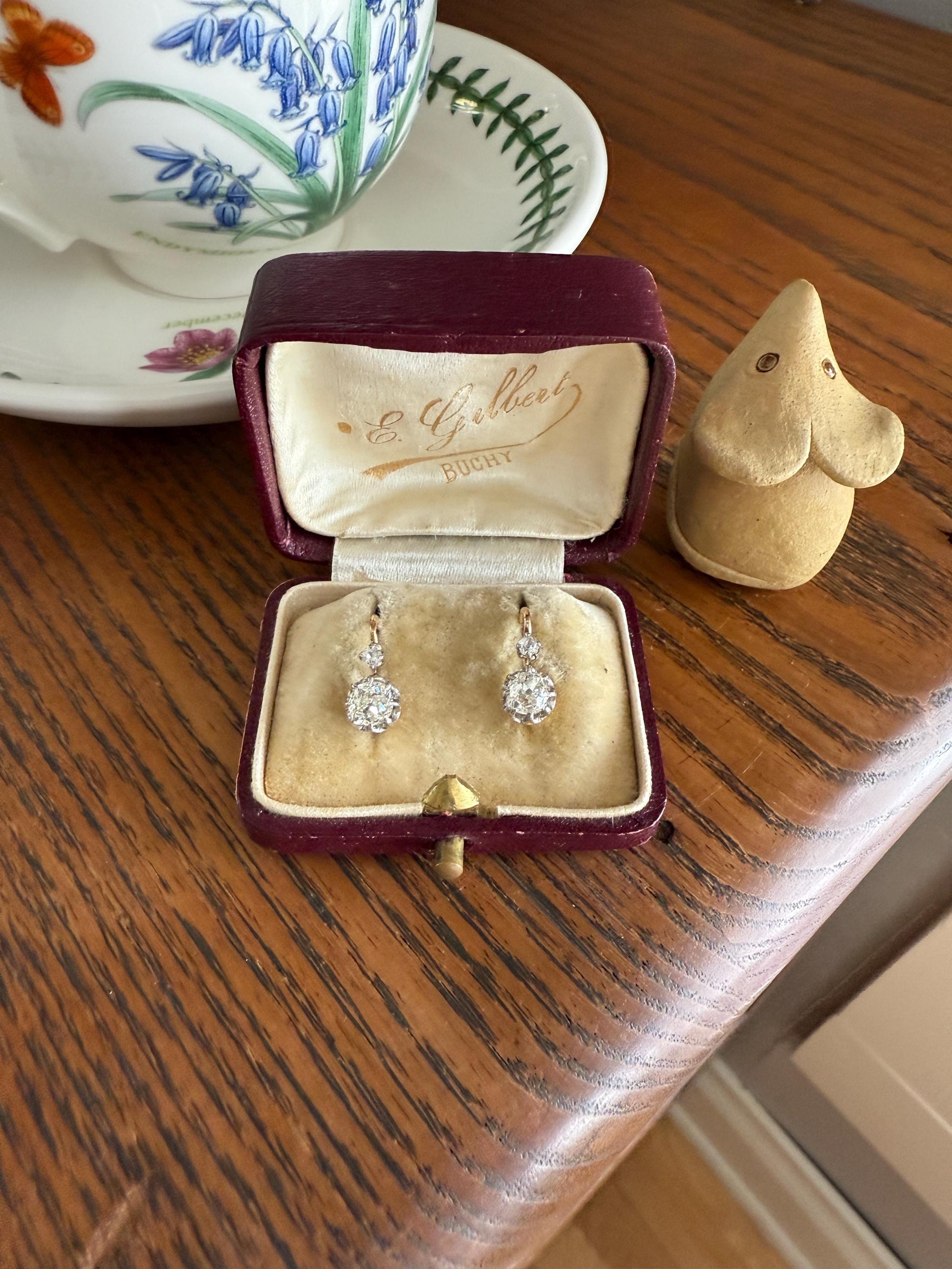 BOXED Antique 1.5 Carat Tdw Old Mine Cut Diamond Earrings 18k Gold French Victorian Dangle Dormeuse Gift Belle Epoque Bridal Something Old