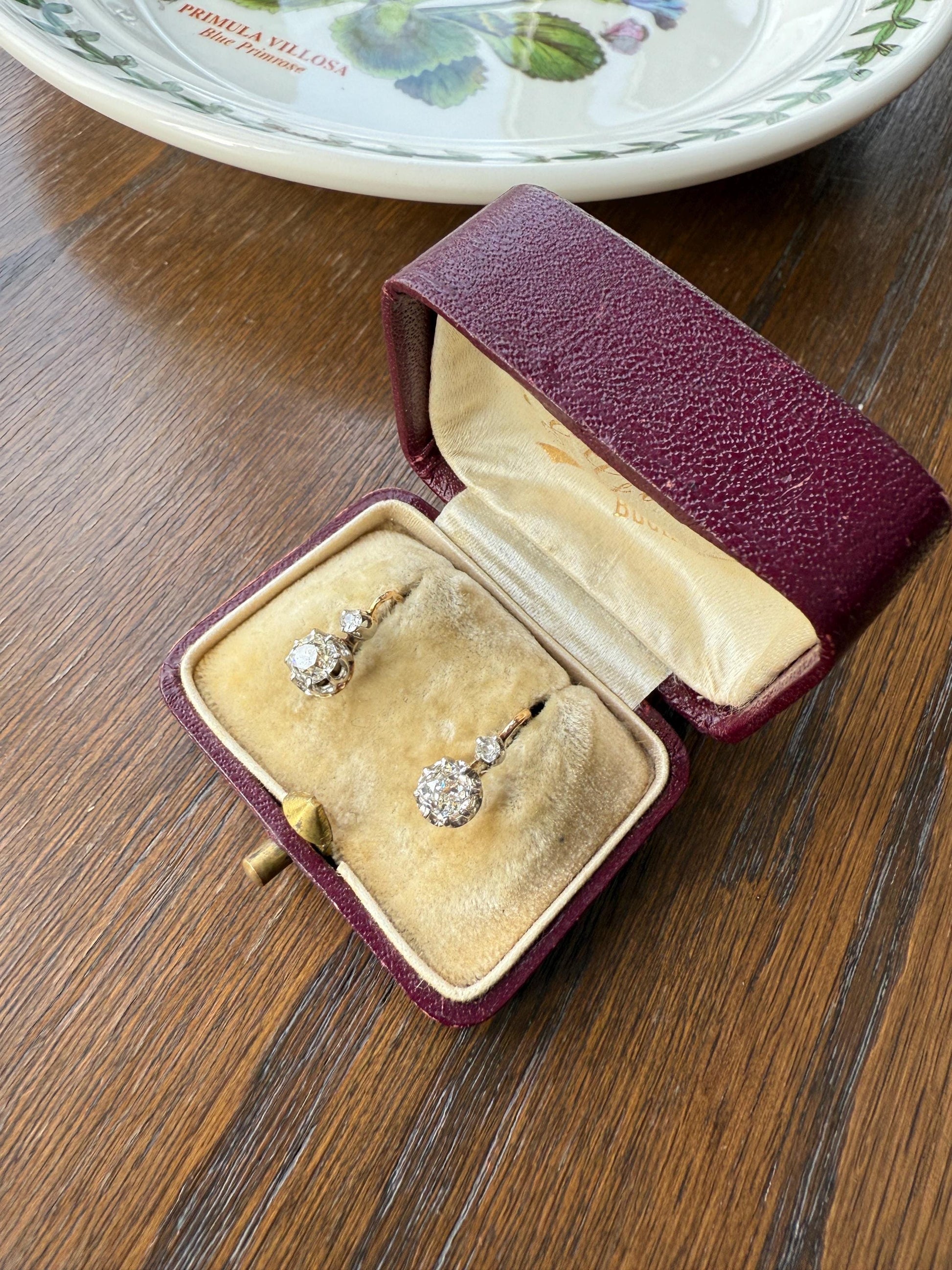 BOXED Antique 1.5 Carat Tdw Old Mine Cut Diamond Earrings 18k Gold French Victorian Dangle Dormeuse Gift Belle Epoque Bridal Something Old
