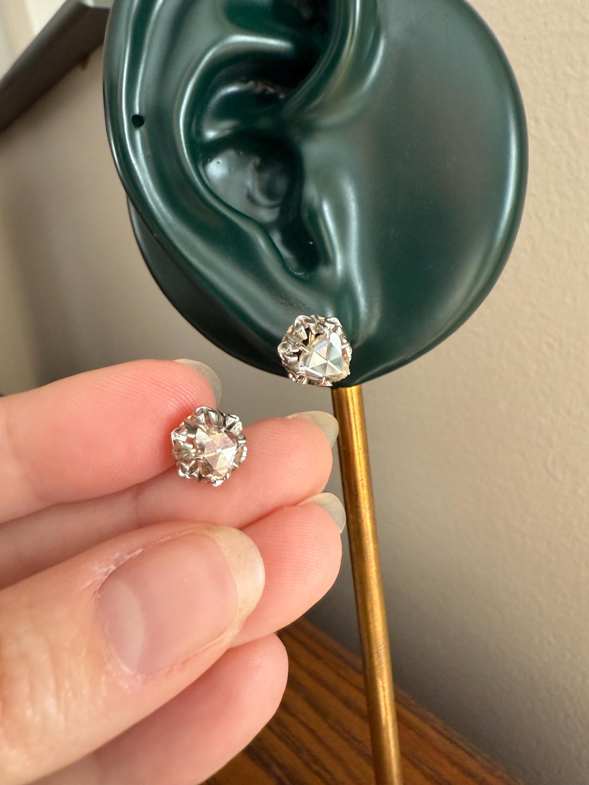 French VICTORIAN Antique Triangular Natural Rose Cut DIAMOND Stud EARRINGS 2 Carats Face Up 18k Gold Solid Platinum Crown Fleur De Lis Prong