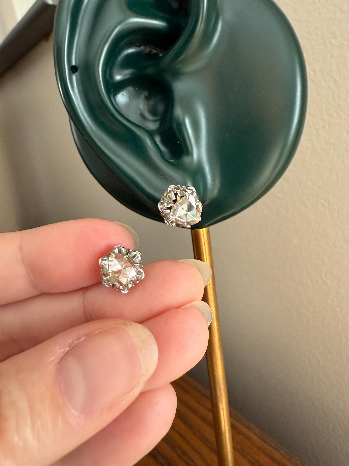 French VICTORIAN Antique Triangular Natural Rose Cut DIAMOND Stud EARRINGS 2 Carats Face Up 18k Gold Solid Platinum Crown Fleur De Lis Prong