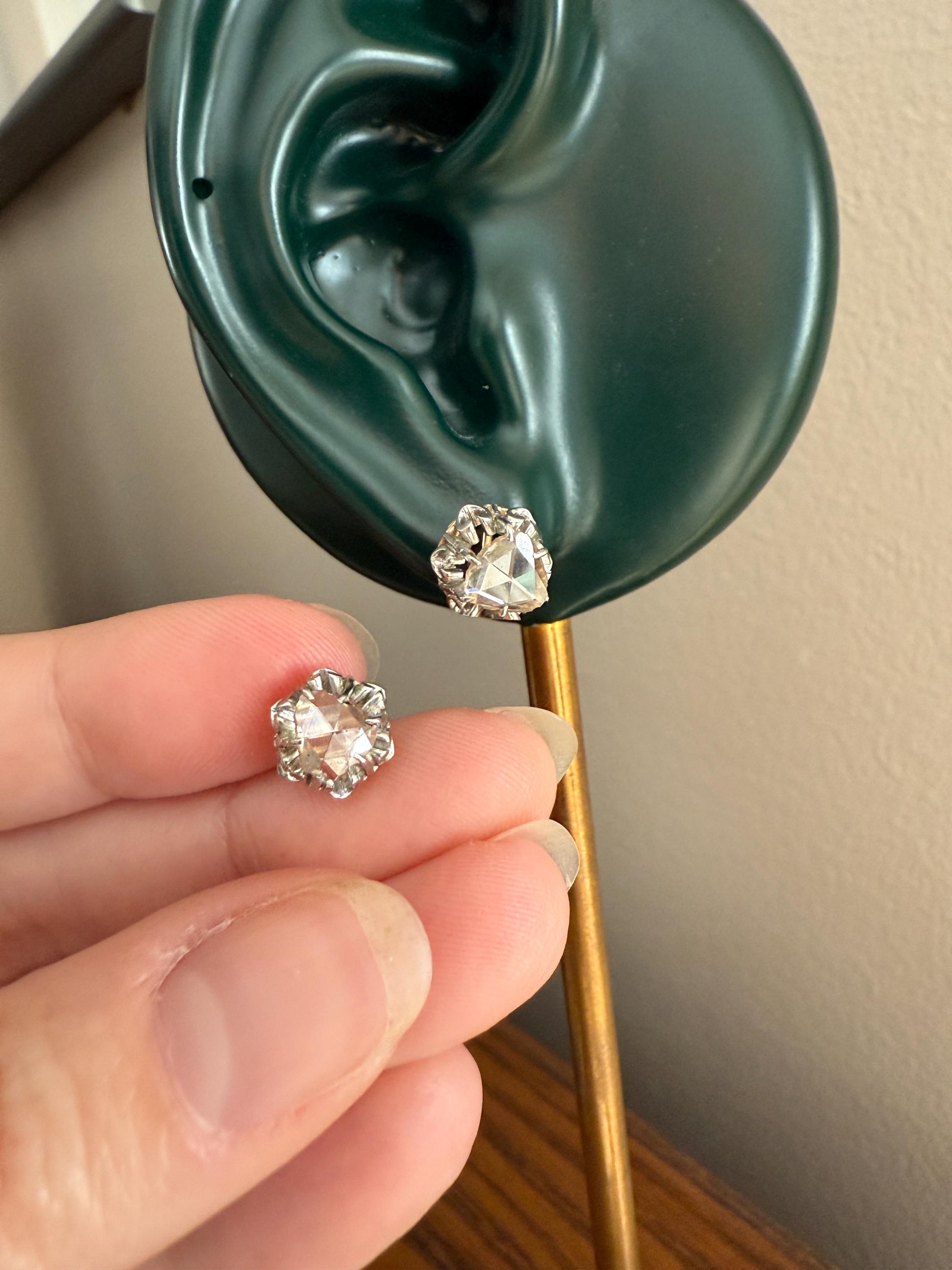 French VICTORIAN Antique Triangular Natural Rose Cut DIAMOND Stud EARRINGS 2 Carats Face Up 18k Gold Solid Platinum Crown Fleur De Lis Prong