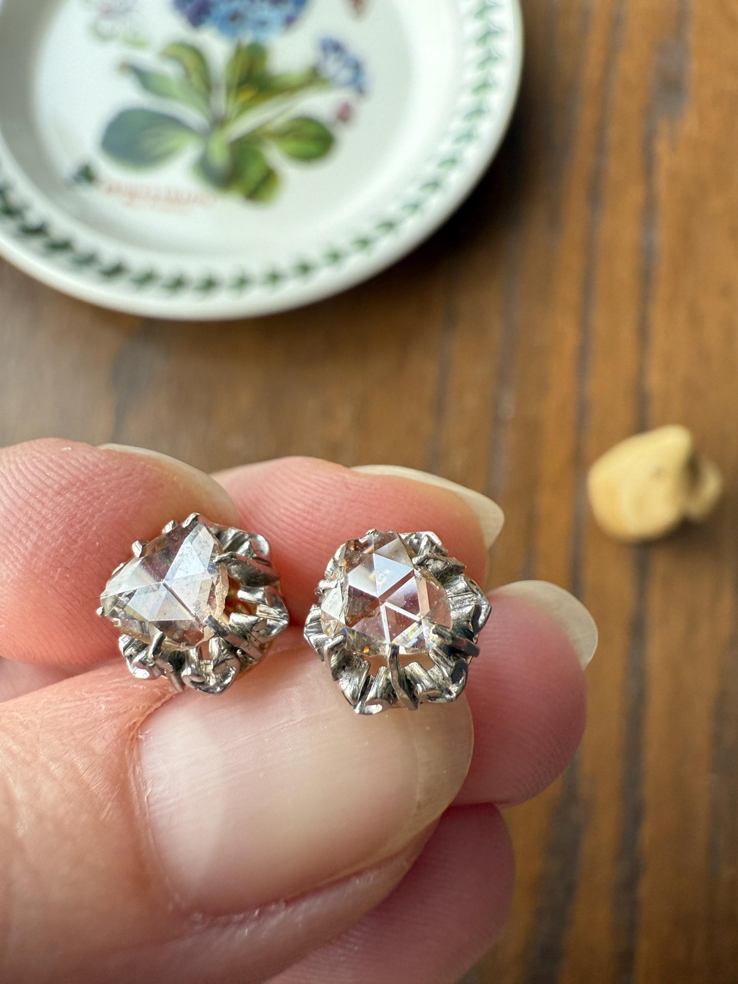 French VICTORIAN Antique Triangular Natural Rose Cut DIAMOND Stud EARRINGS 2 Carats Face Up 18k Gold Solid Platinum Crown Fleur De Lis Prong