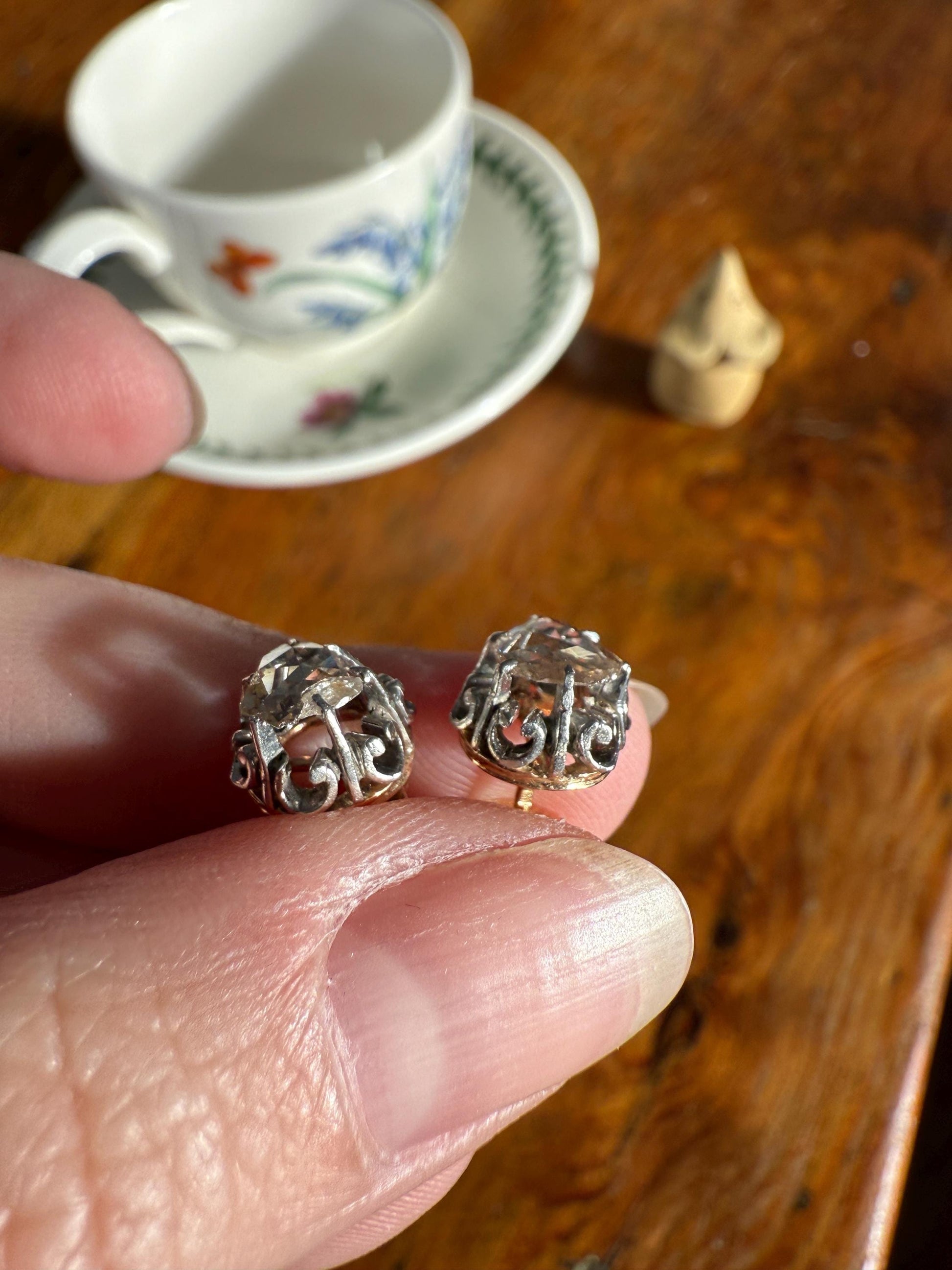 French VICTORIAN Antique Triangular Natural Rose Cut DIAMOND Stud EARRINGS 2 Carats Face Up 18k Gold Solid Platinum Crown Fleur De Lis Prong