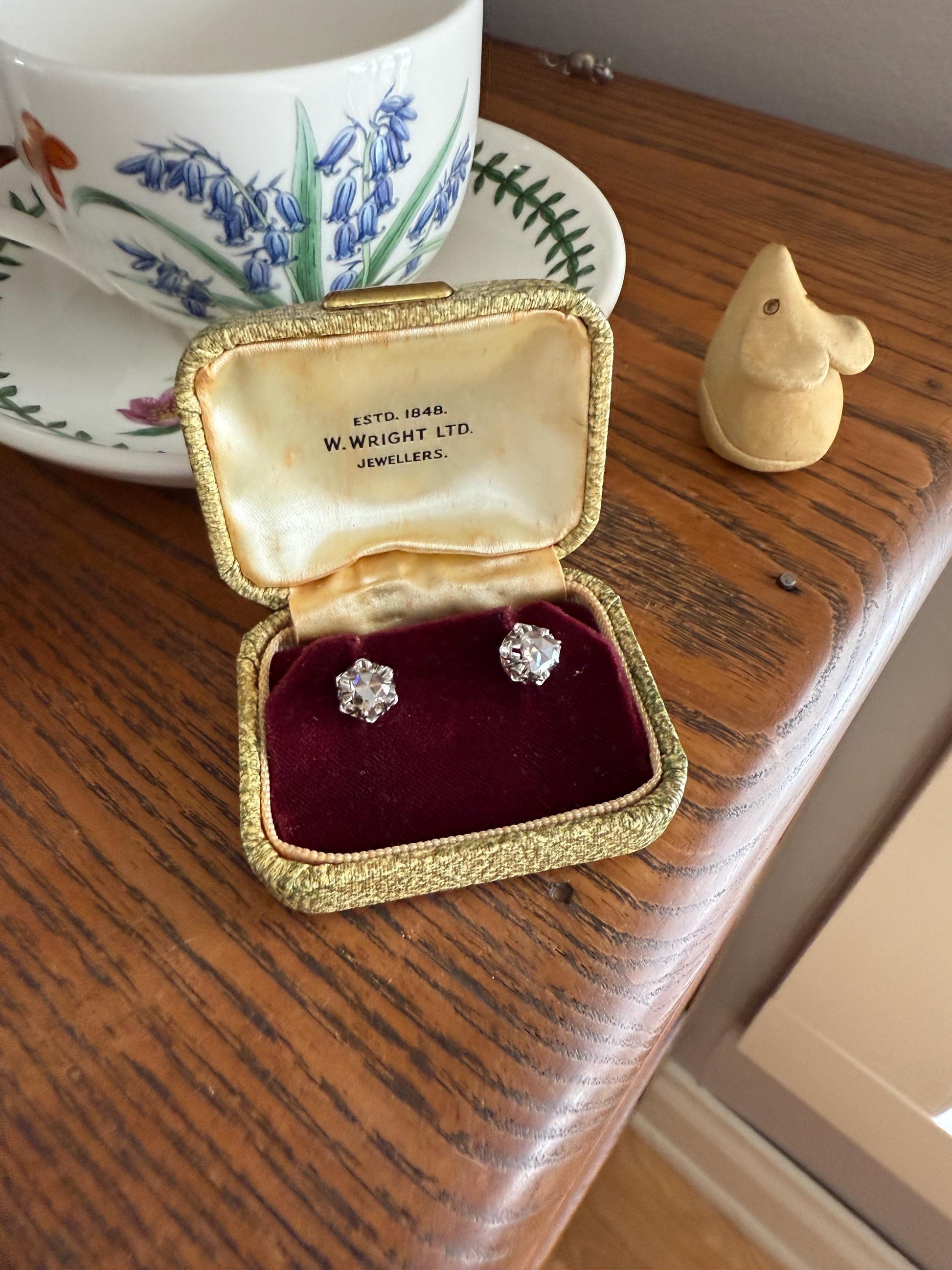 French VICTORIAN Antique Triangular Natural Rose Cut DIAMOND Stud EARRINGS 2 Carats Face Up 18k Gold Solid Platinum Crown Fleur De Lis Prong