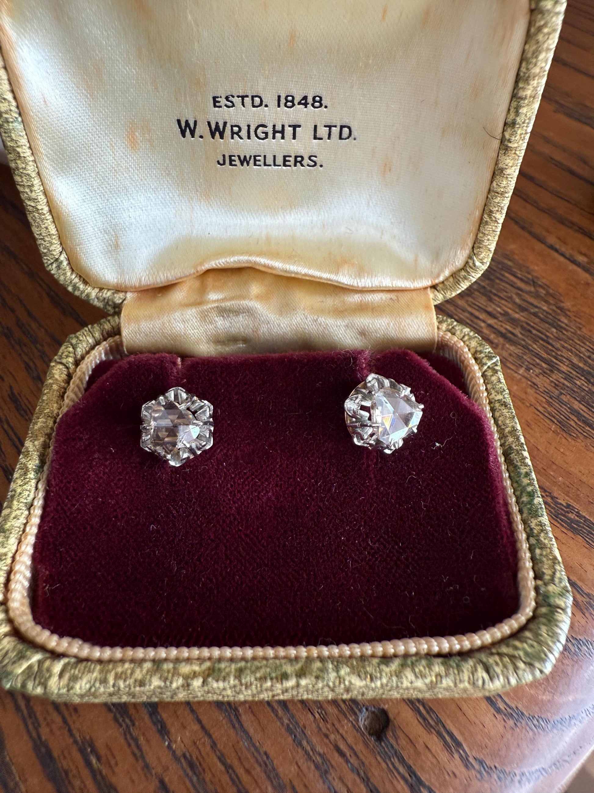 French VICTORIAN Antique Triangular Natural Rose Cut DIAMOND Stud EARRINGS 2 Carats Face Up 18k Gold Solid Platinum Crown Fleur De Lis Prong