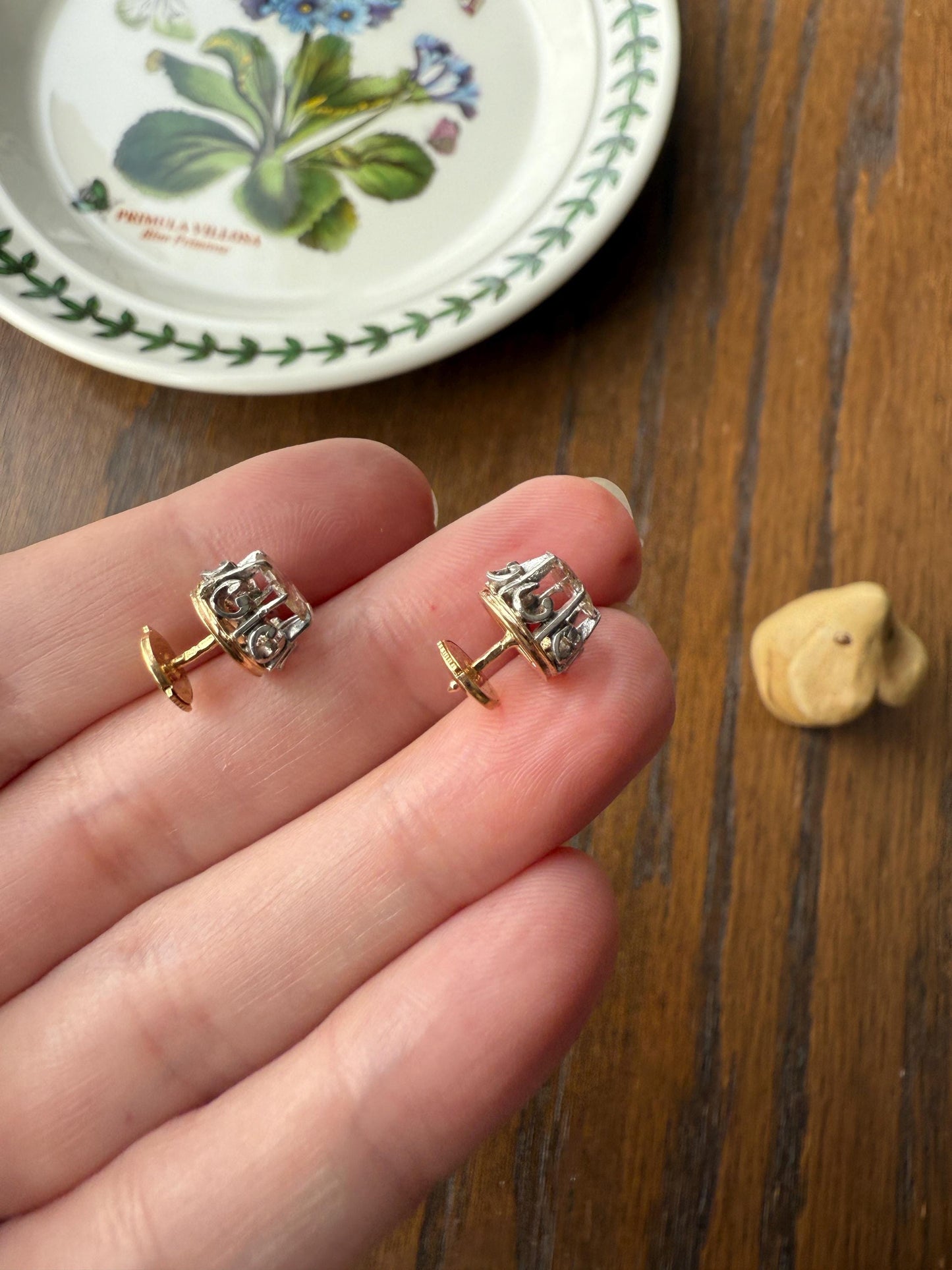 French VICTORIAN Antique Triangular Natural Rose Cut DIAMOND Stud EARRINGS 2 Carats Face Up 18k Gold Solid Platinum Crown Fleur De Lis Prong
