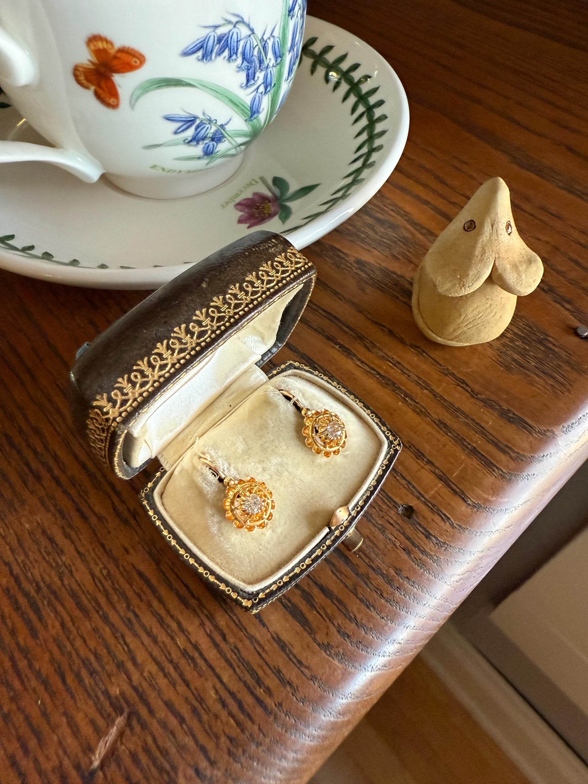 FRENCH Antique Old Mine Cut DiAMOND Buttercup Earrings .4ctw 18k Gold Victorian Dangle Dormeuse Gift Belle Epoque Valentine's Bridal OMC