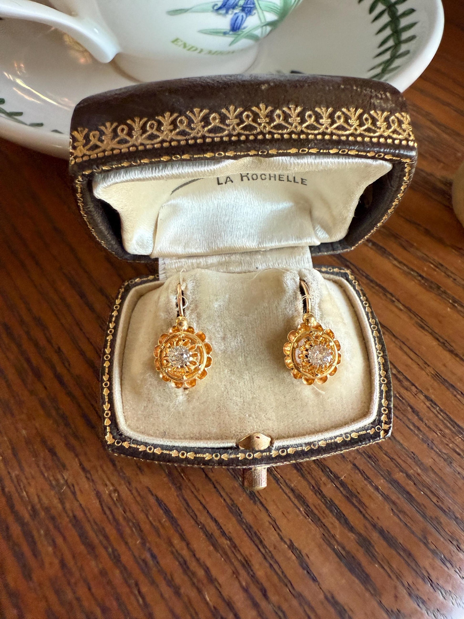 FRENCH Antique Old Mine Cut DiAMOND Buttercup Earrings .4ctw 18k Gold Victorian Dangle Dormeuse Gift Belle Epoque Valentine's Bridal OMC
