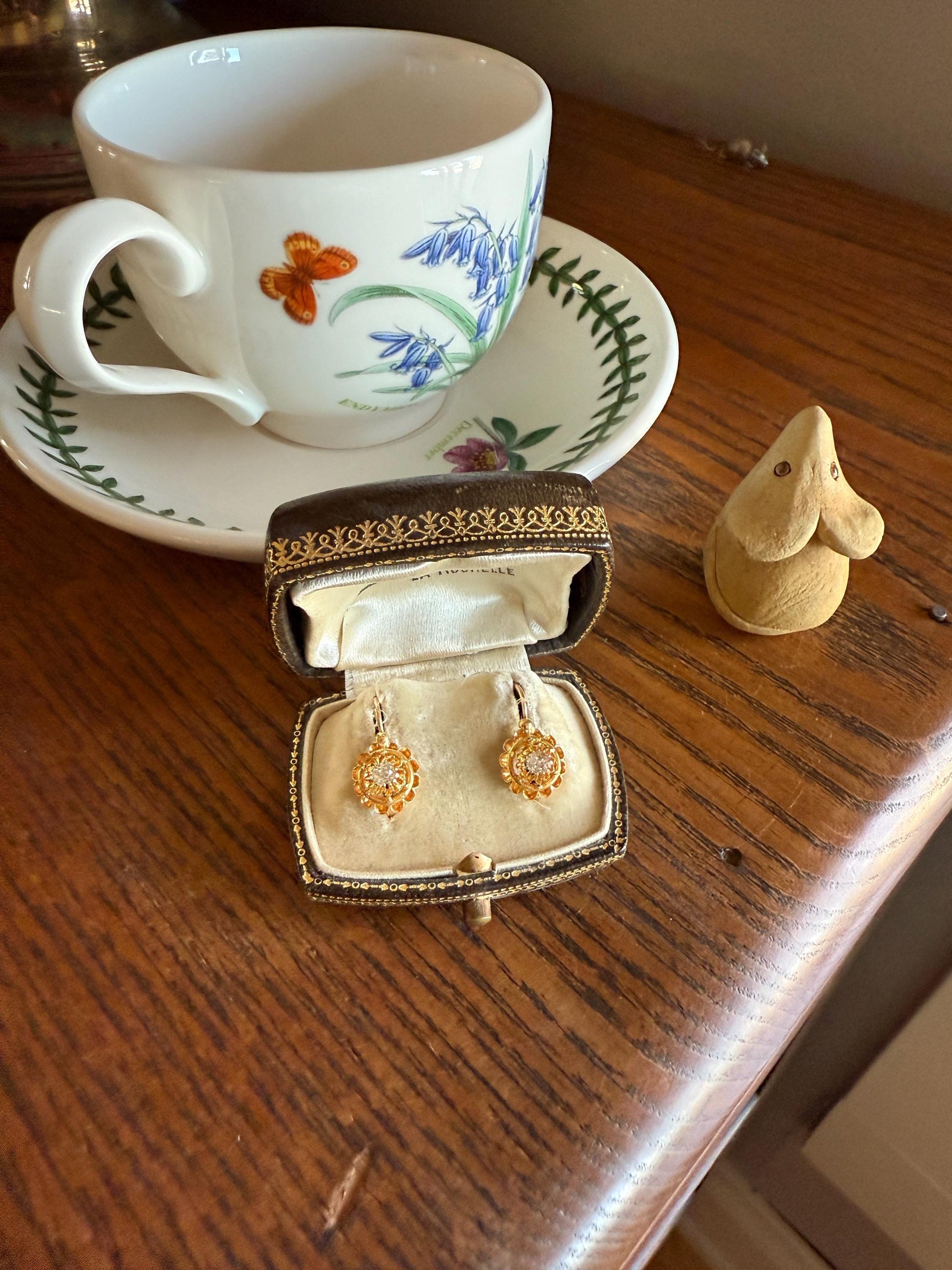 FRENCH Antique Old Mine Cut DiAMOND Buttercup Earrings .4ctw 18k Gold Victorian Dangle Dormeuse Gift Belle Epoque Valentine's Bridal OMC