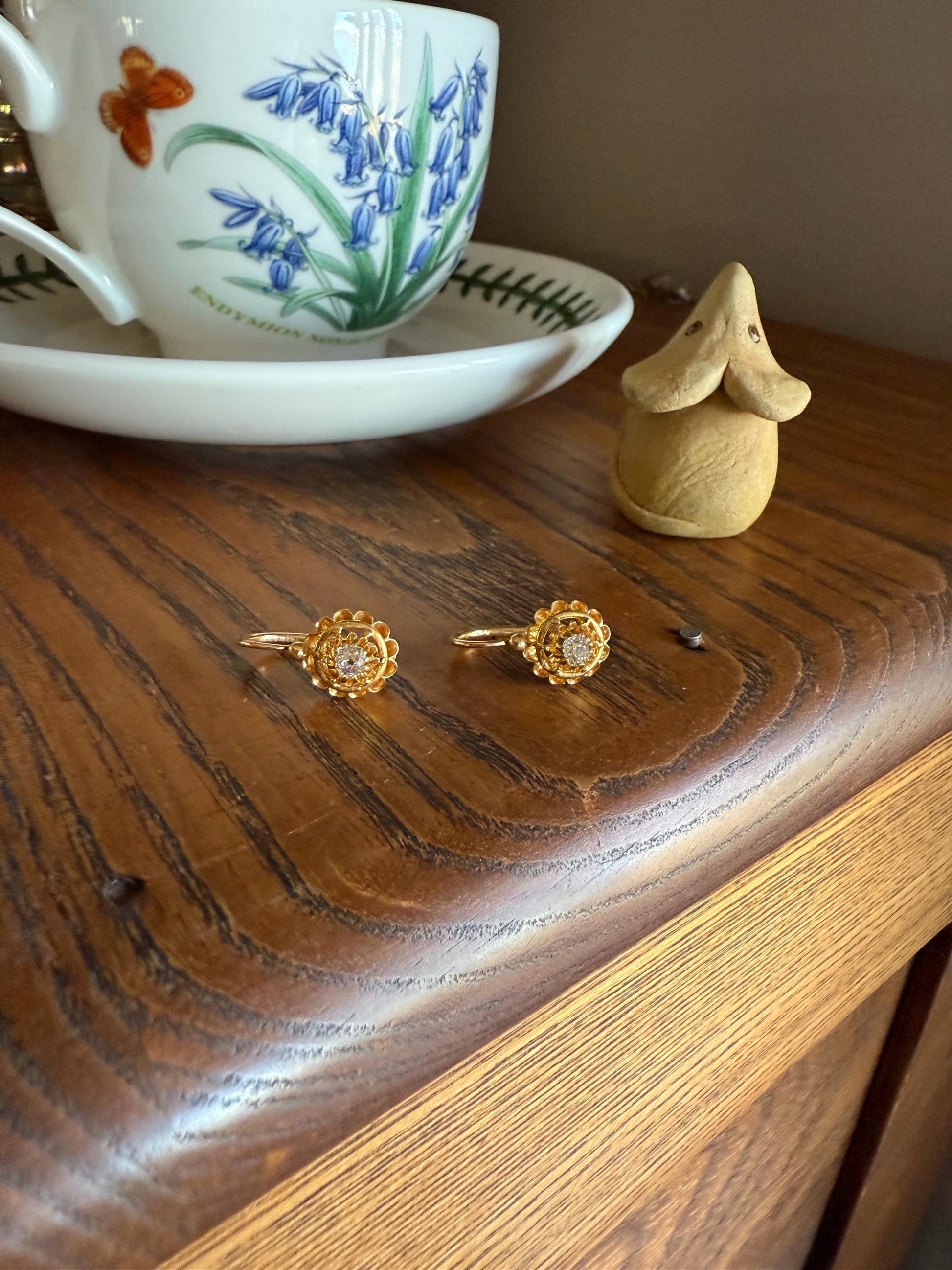 FRENCH Antique Old Mine Cut DiAMOND Buttercup Earrings .4ctw 18k Gold Victorian Dangle Dormeuse Gift Belle Epoque Valentine's Bridal OMC
