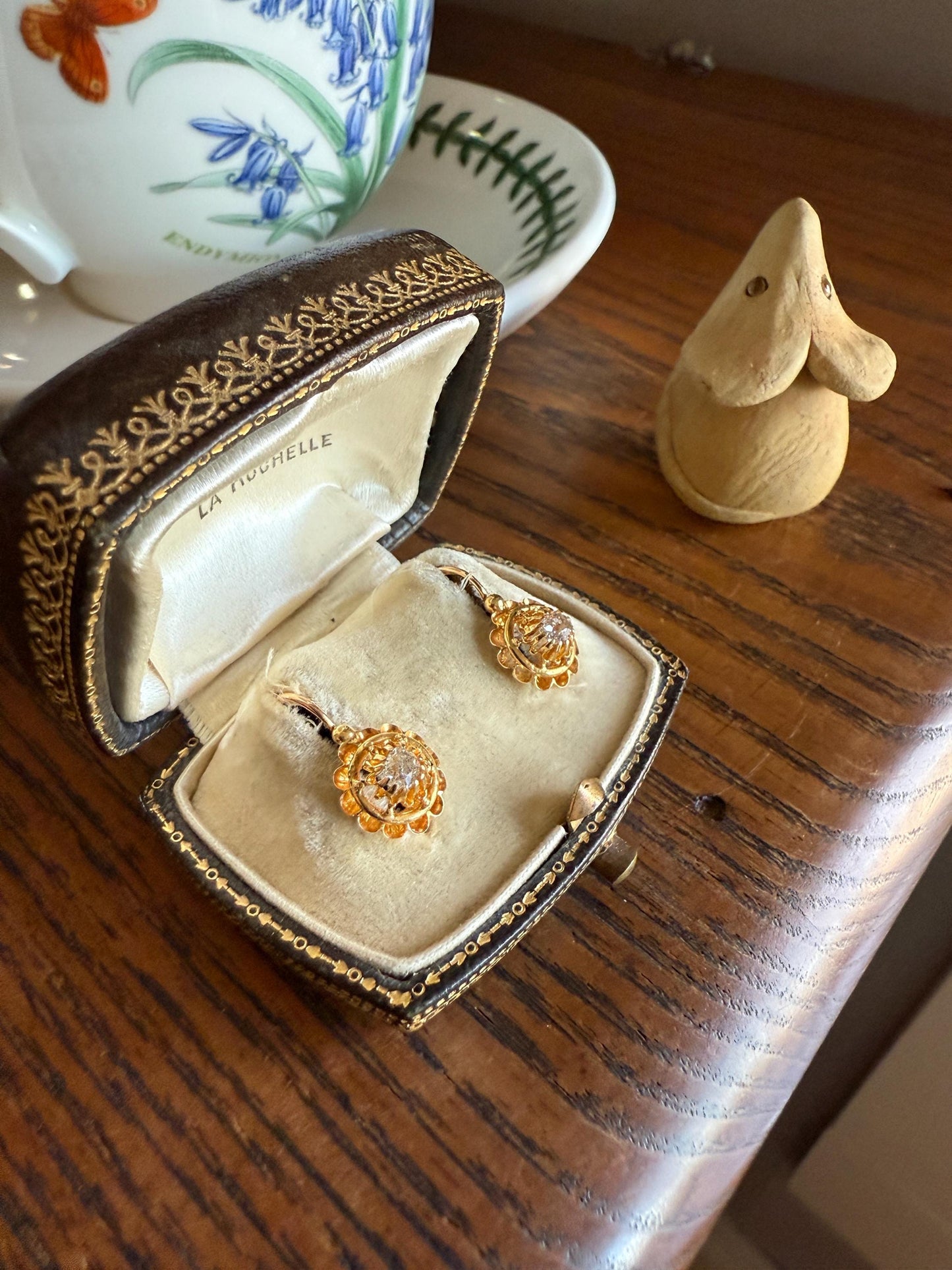 FRENCH Antique Old Mine Cut DiAMOND Buttercup Earrings .4ctw 18k Gold Victorian Dangle Dormeuse Gift Belle Epoque Valentine's Bridal OMC