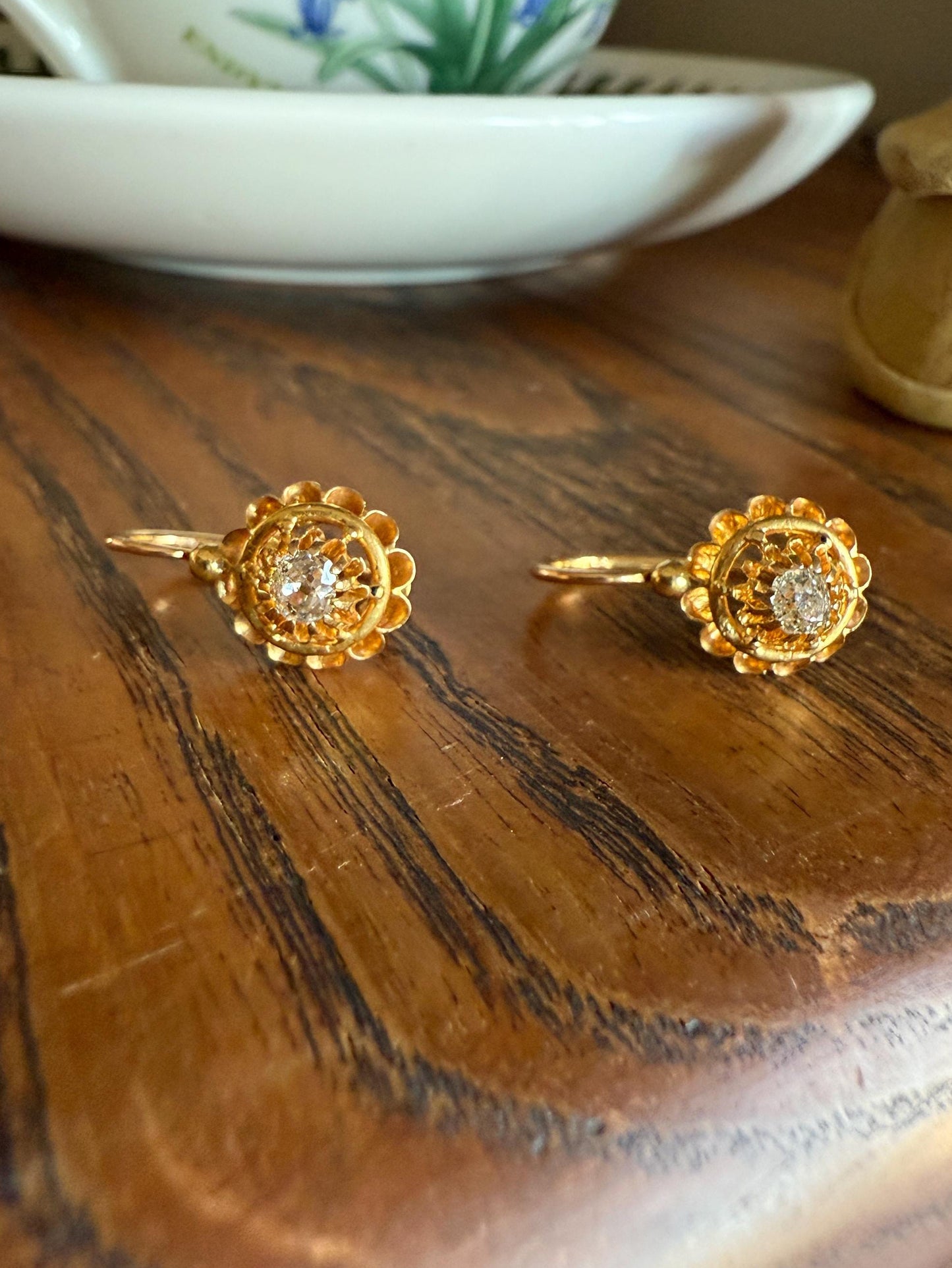FRENCH Antique Old Mine Cut DiAMOND Buttercup Earrings .4ctw 18k Gold Victorian Dangle Dormeuse Gift Belle Epoque Valentine's Bridal OMC