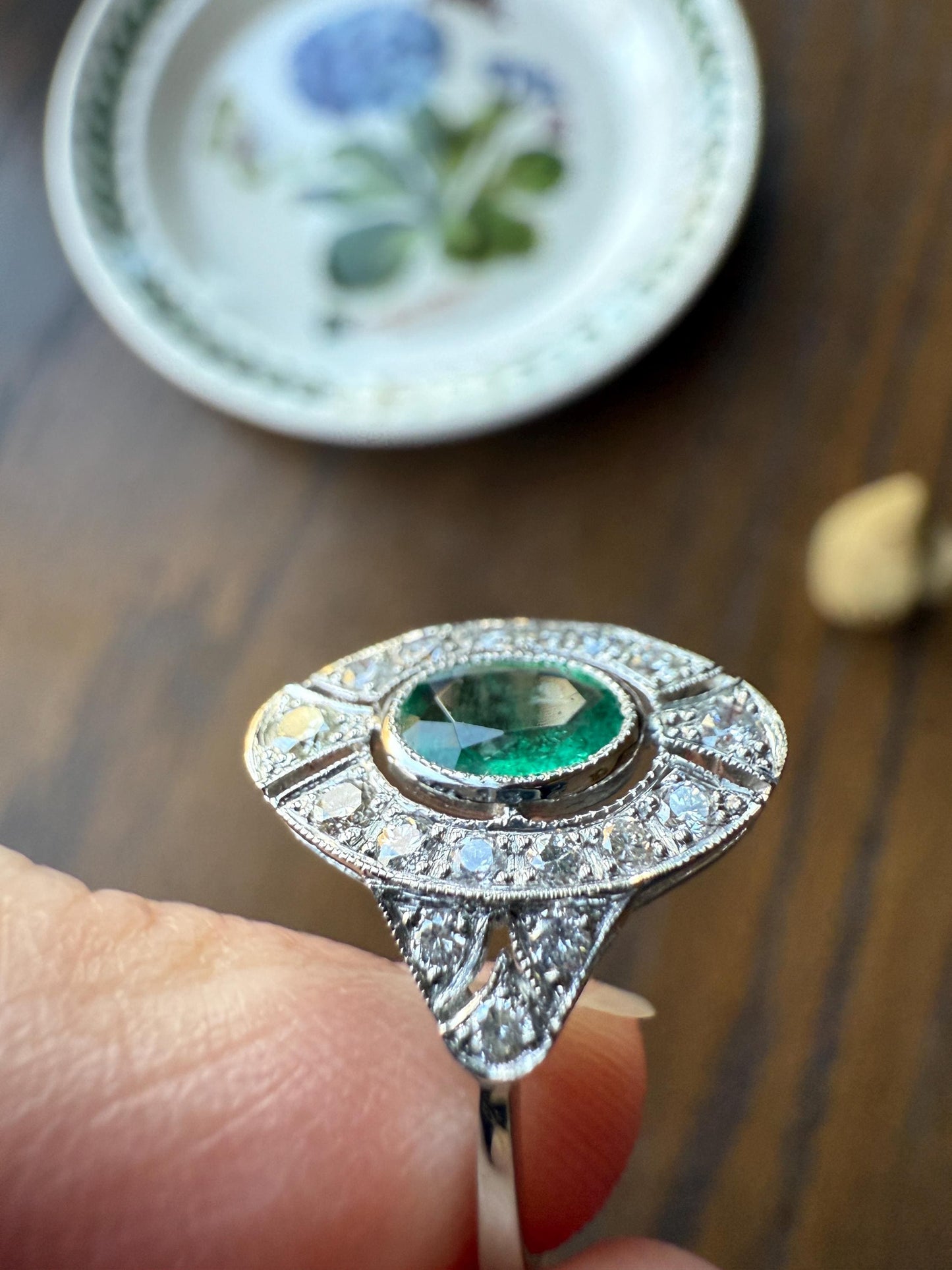 EMERALD Vintage Art Deco 1.6 Carat 20 Transitional & Brilliant Cut DiAMOND Platinum Shield Panel Ring Geometric Green Stacker
