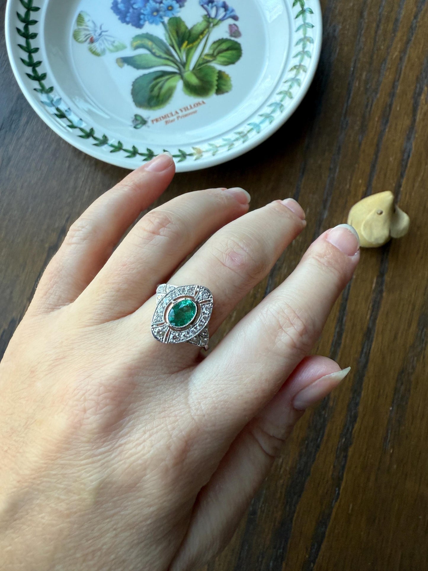 EMERALD Vintage Art Deco 1.6 Carat 20 Transitional & Brilliant Cut DiAMOND Platinum Shield Panel Ring Geometric Green Stacker