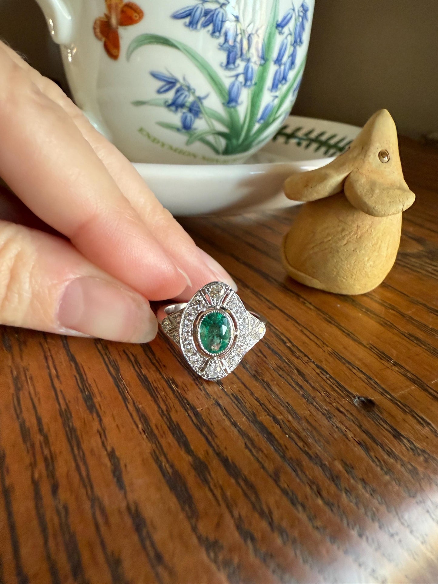 EMERALD Vintage Art Deco 1.6 Carat 20 Transitional & Brilliant Cut DiAMOND Platinum Shield Panel Ring Geometric Green Stacker