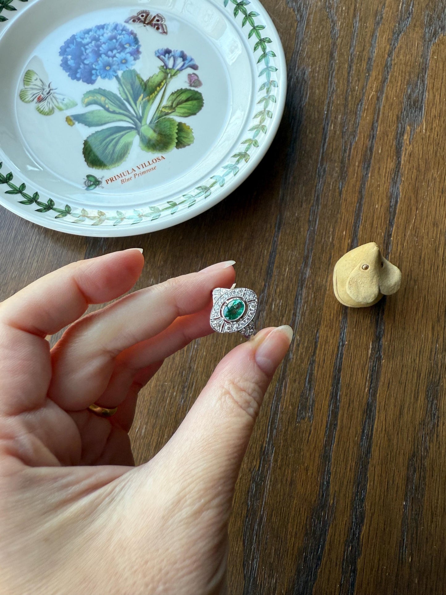 EMERALD Vintage Art Deco 1.6 Carat 20 Transitional & Brilliant Cut DiAMOND Platinum Shield Panel Ring Geometric Green Stacker