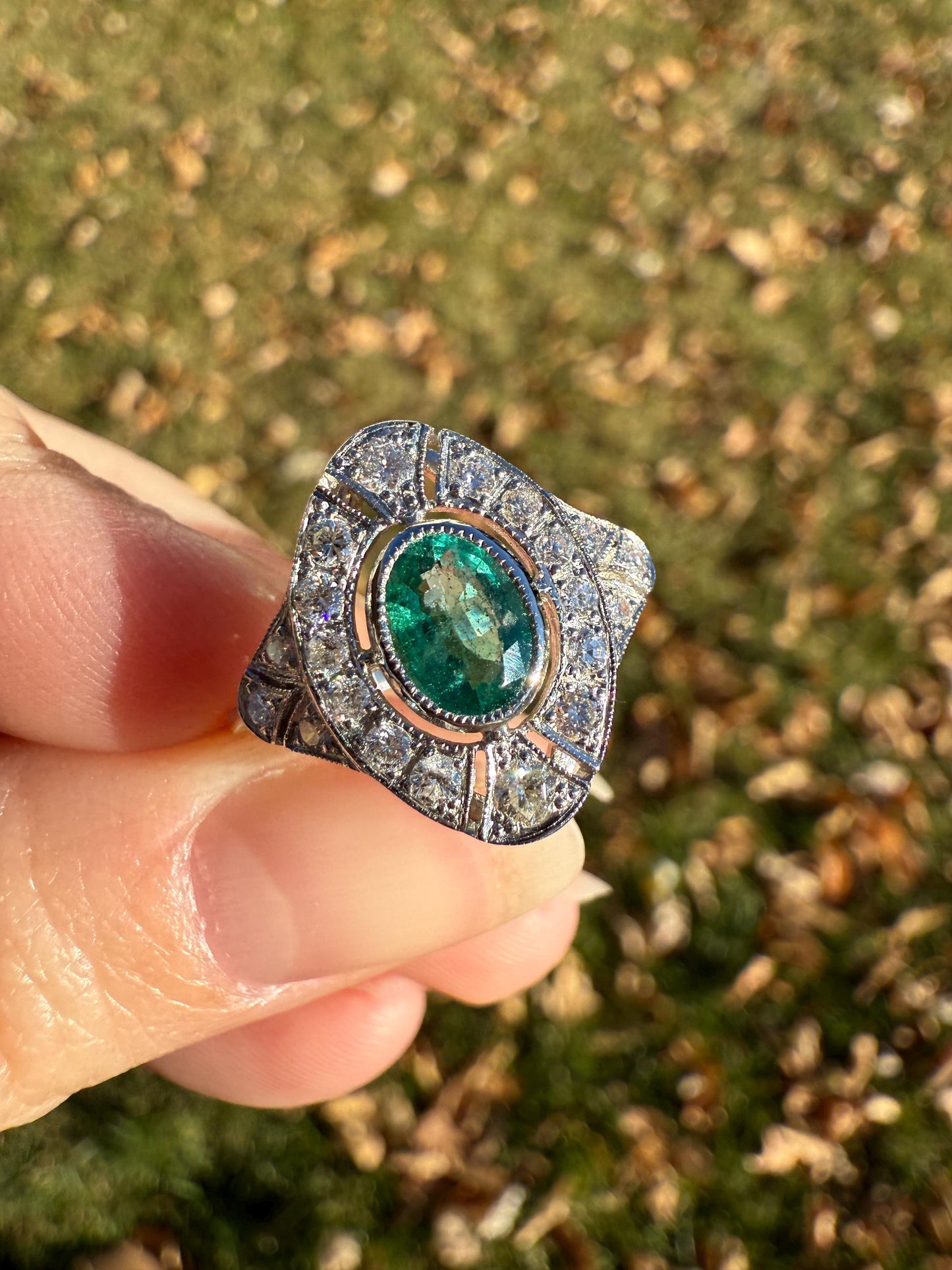 EMERALD Vintage Art Deco 1.6 Carat 20 Transitional & Brilliant Cut DiAMOND Platinum Shield Panel Ring Geometric Green Stacker