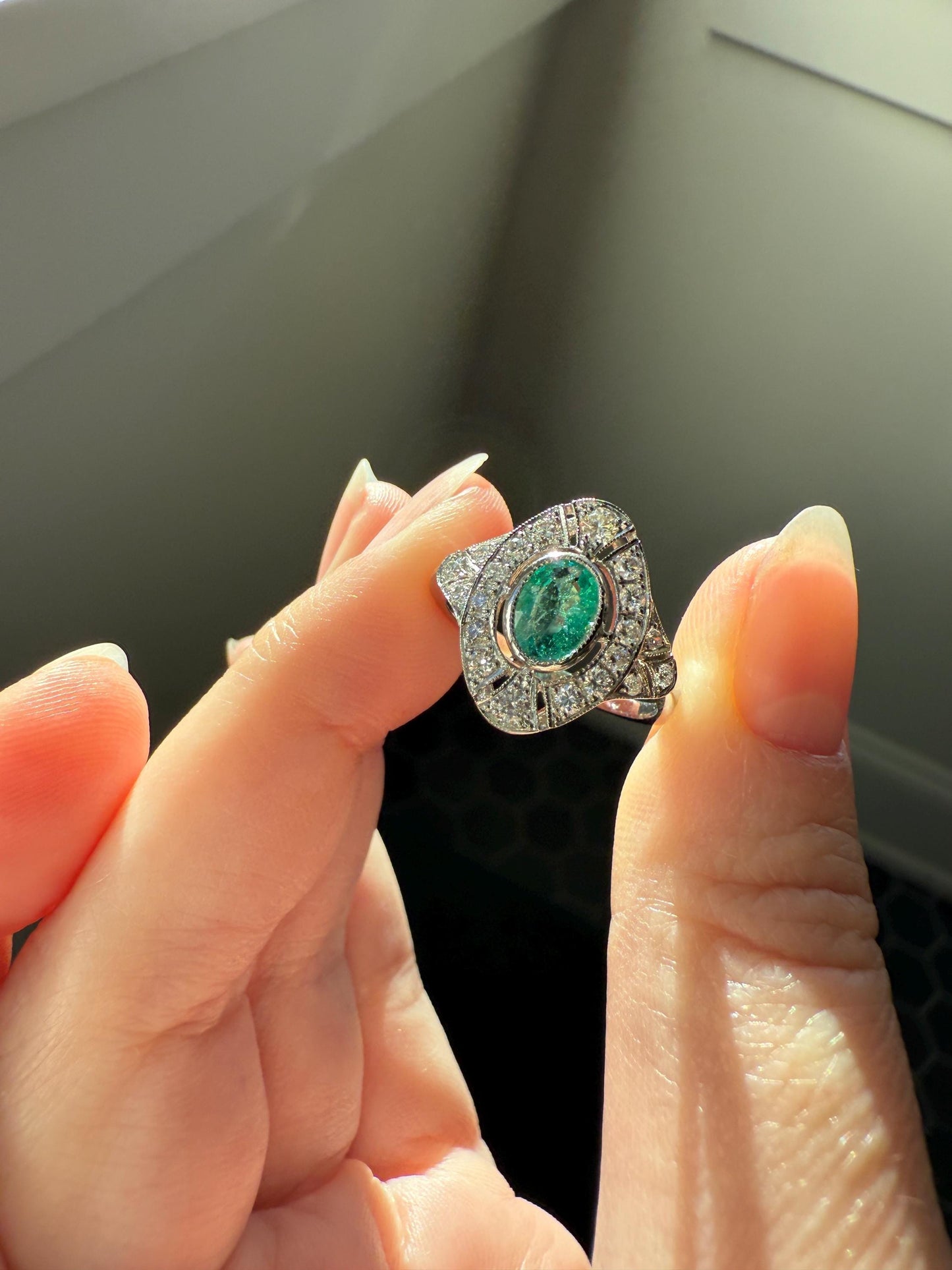 EMERALD Vintage Art Deco 1.6 Carat 20 Transitional & Brilliant Cut DiAMOND Platinum Shield Panel Ring Geometric Green Stacker