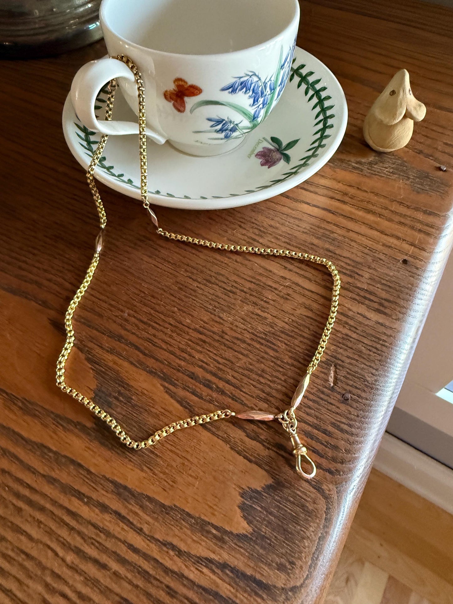 Victorian Antique Ribbed Box Chain Faceted Marquise Spacers Dog Clip Fob Pendant Holder Necklace Rose & Yellow 9k Gold Solid 18k Clasp