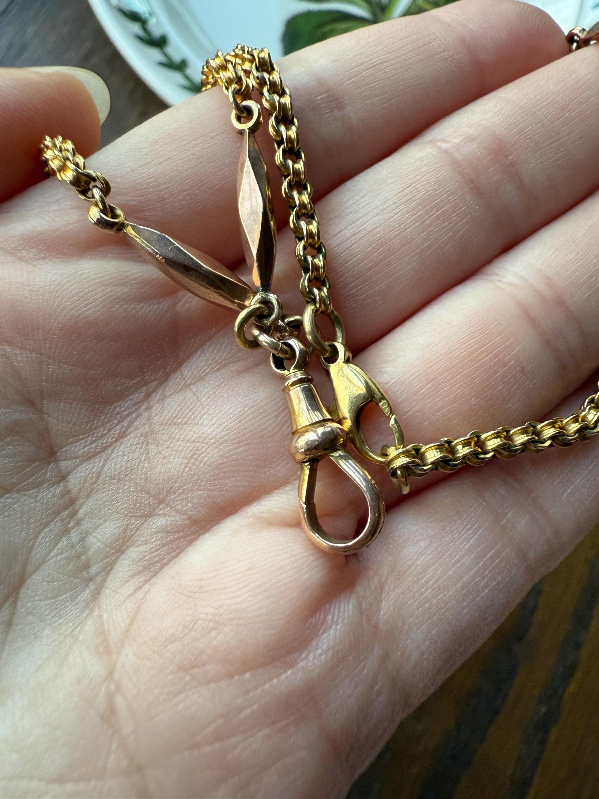 Victorian Antique Ribbed Box Chain Faceted Marquise Spacers Dog Clip Fob Pendant Holder Necklace Rose & Yellow 9k Gold Solid 18k Clasp