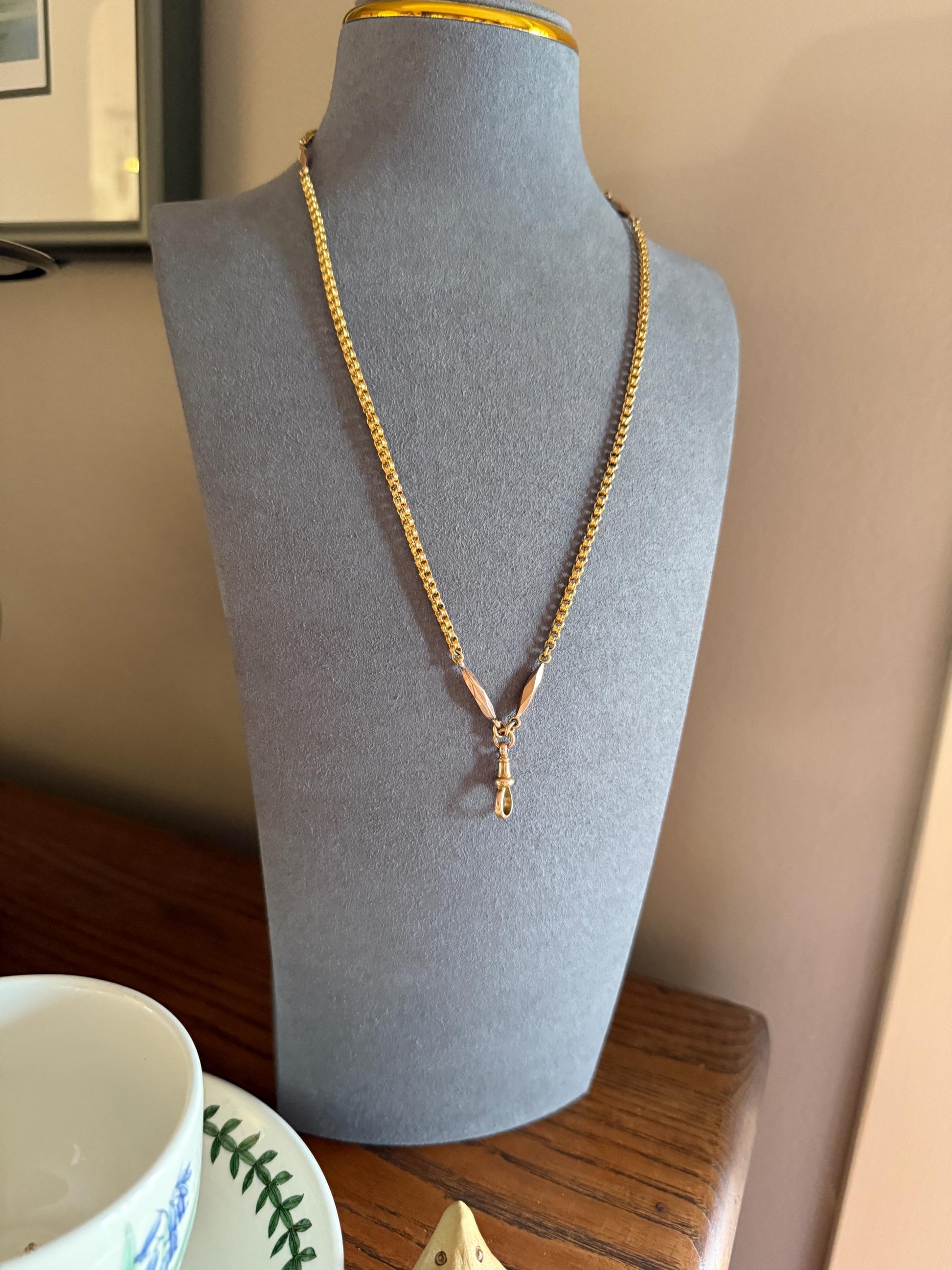 Victorian Antique Ribbed Box Chain Faceted Marquise Spacers Dog Clip Fob Pendant Holder Necklace Rose & Yellow 9k Gold Solid 18k Clasp