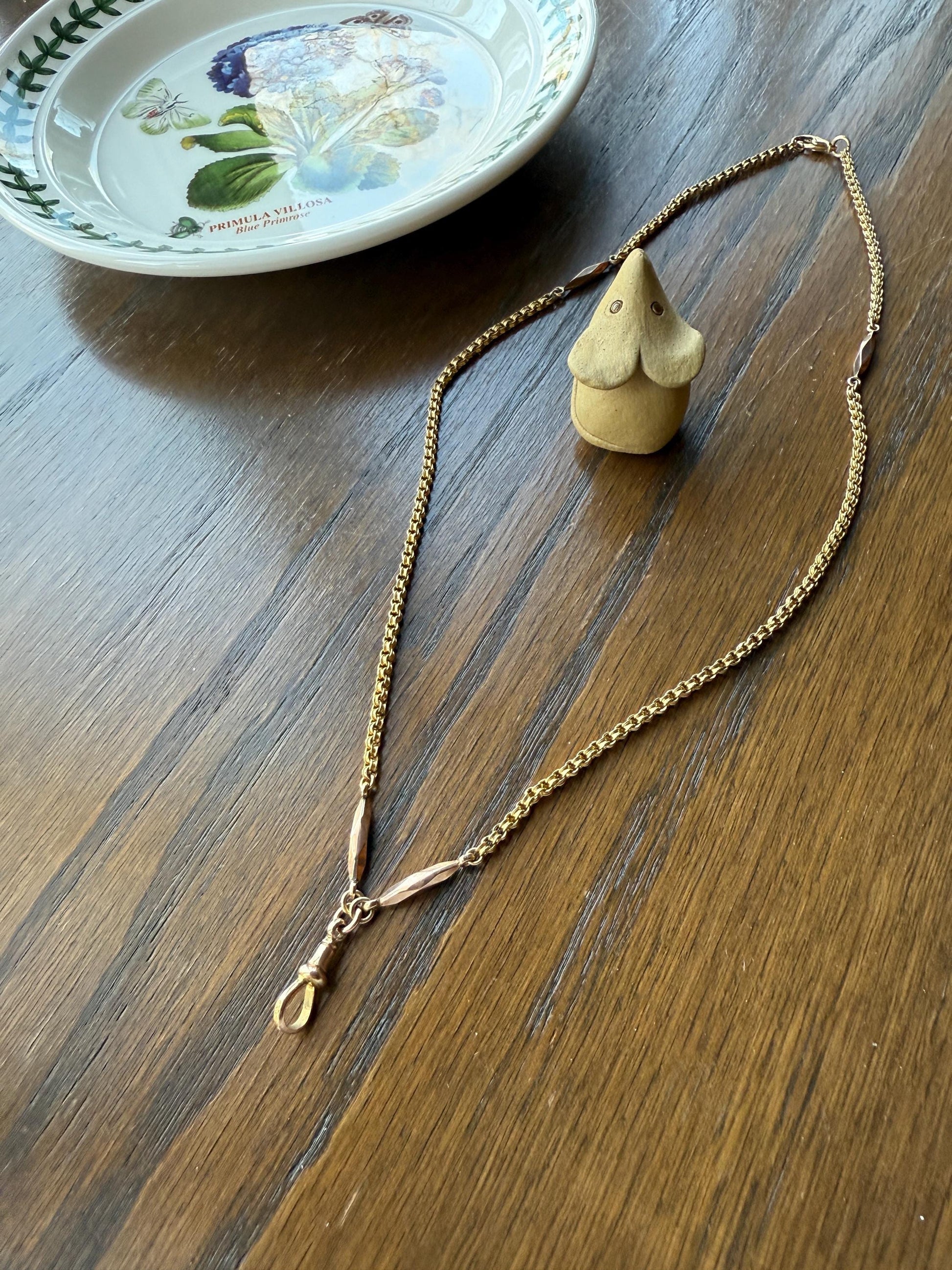 Victorian Antique Ribbed Box Chain Faceted Marquise Spacers Dog Clip Fob Pendant Holder Necklace Rose & Yellow 9k Gold Solid 18k Clasp