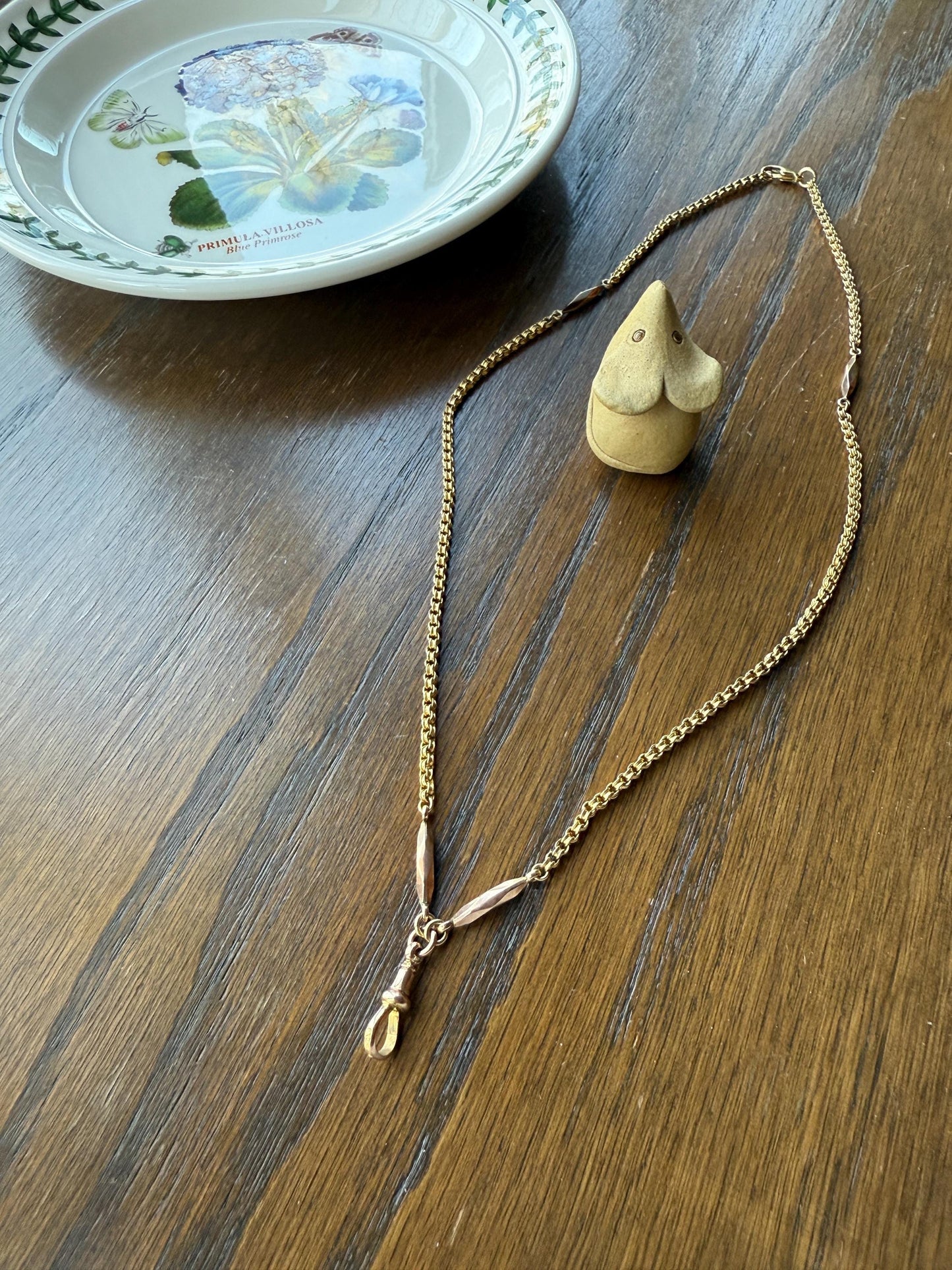 Victorian Antique Ribbed Box Chain Faceted Marquise Spacers Dog Clip Fob Pendant Holder Necklace Rose & Yellow 9k Gold Solid 18k Clasp