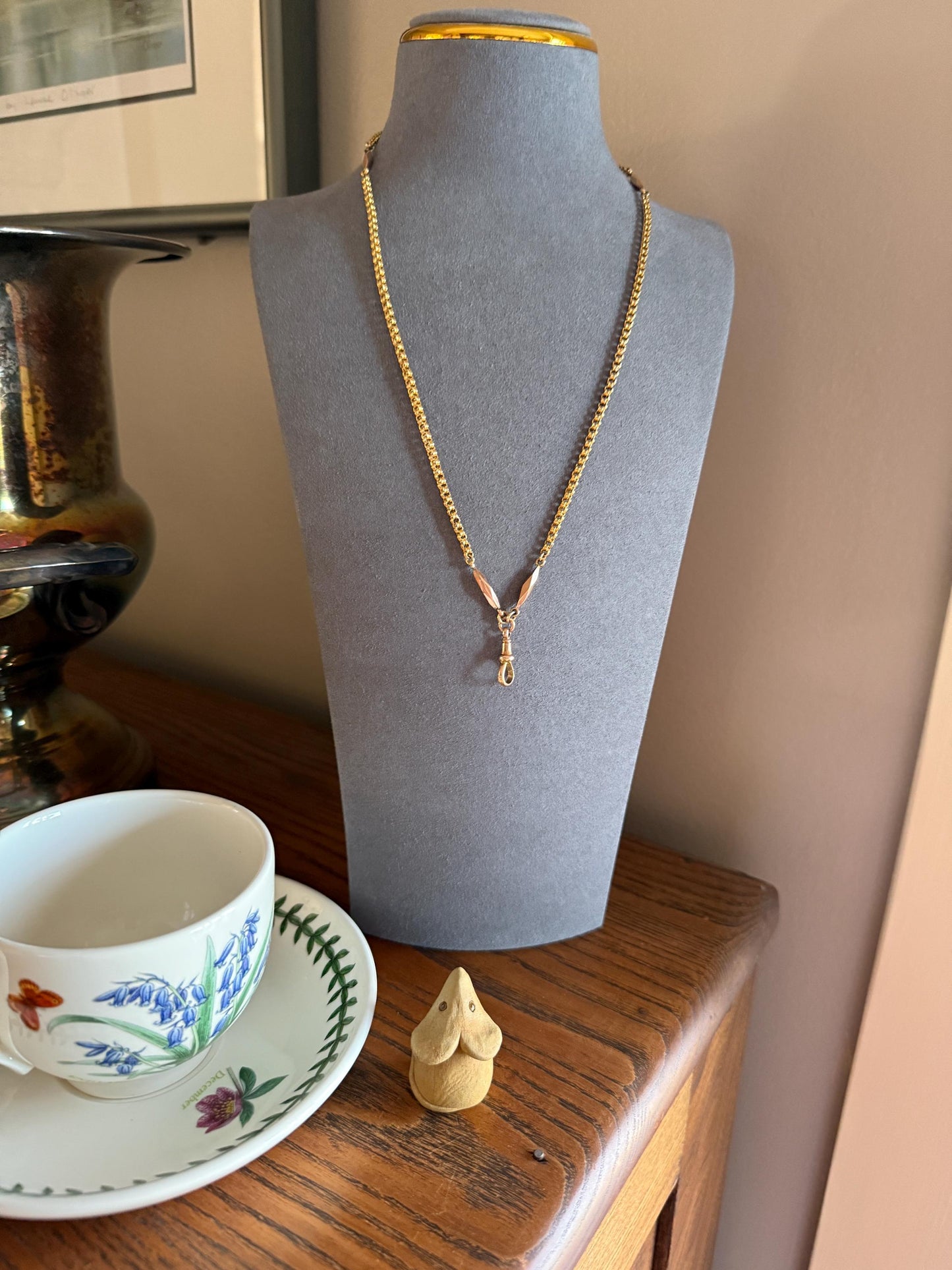 Victorian Antique Ribbed Box Chain Faceted Marquise Spacers Dog Clip Fob Pendant Holder Necklace Rose & Yellow 9k Gold Solid 18k Clasp