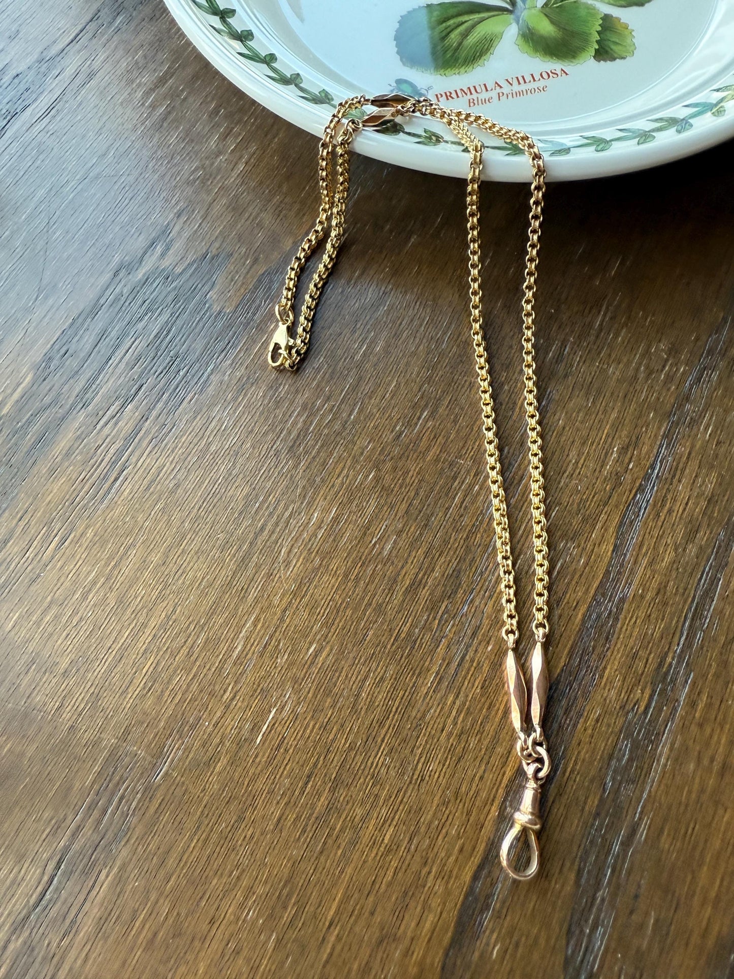 Victorian Antique Ribbed Box Chain Faceted Marquise Spacers Dog Clip Fob Pendant Holder Necklace Rose & Yellow 9k Gold Solid 18k Clasp