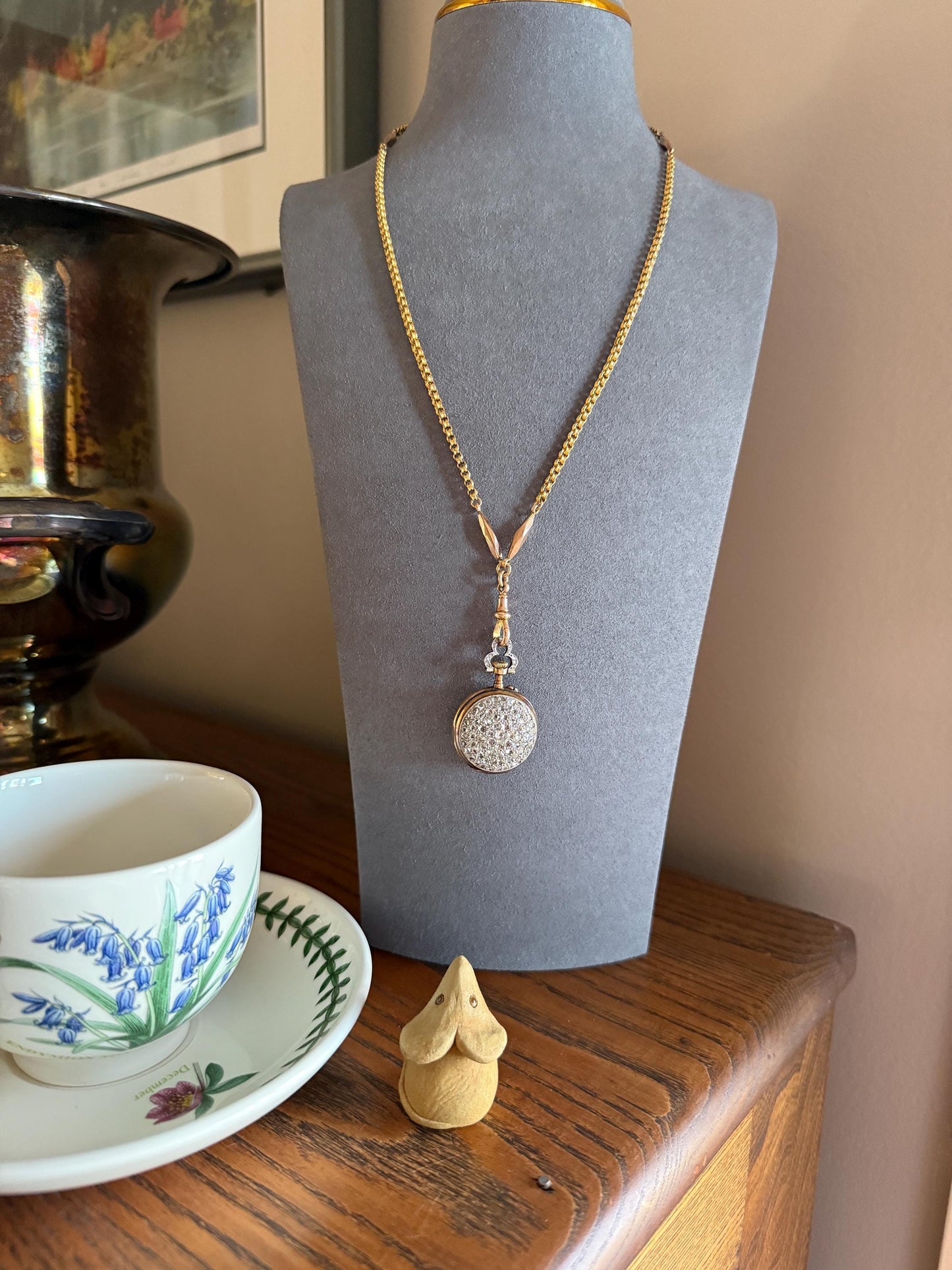 Victorian Antique Ribbed Box Chain Faceted Marquise Spacers Dog Clip Fob Pendant Holder Necklace Rose & Yellow 9k Gold Solid 18k Clasp