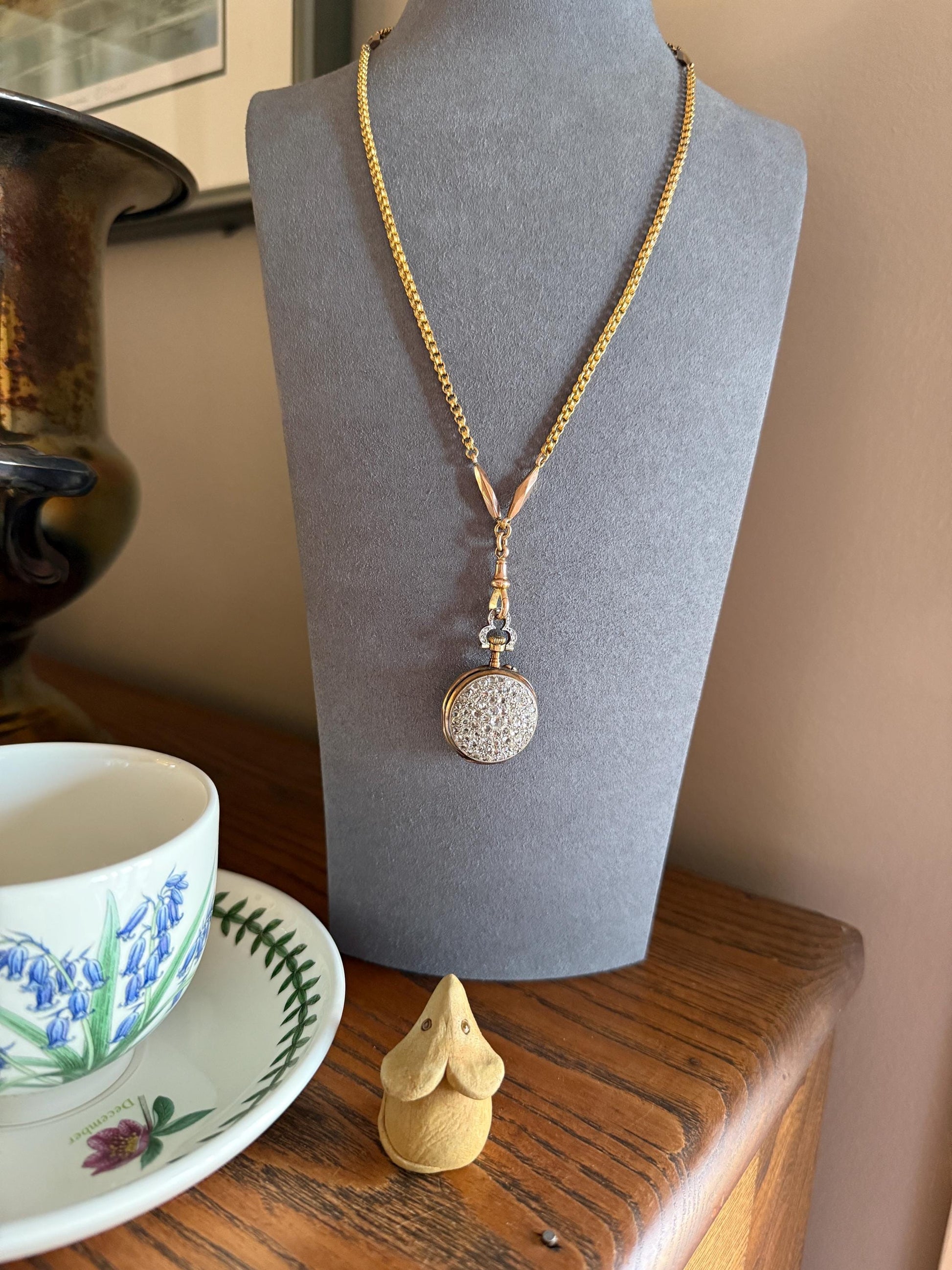 Victorian Antique Ribbed Box Chain Faceted Marquise Spacers Dog Clip Fob Pendant Holder Necklace Rose & Yellow 9k Gold Solid 18k Clasp