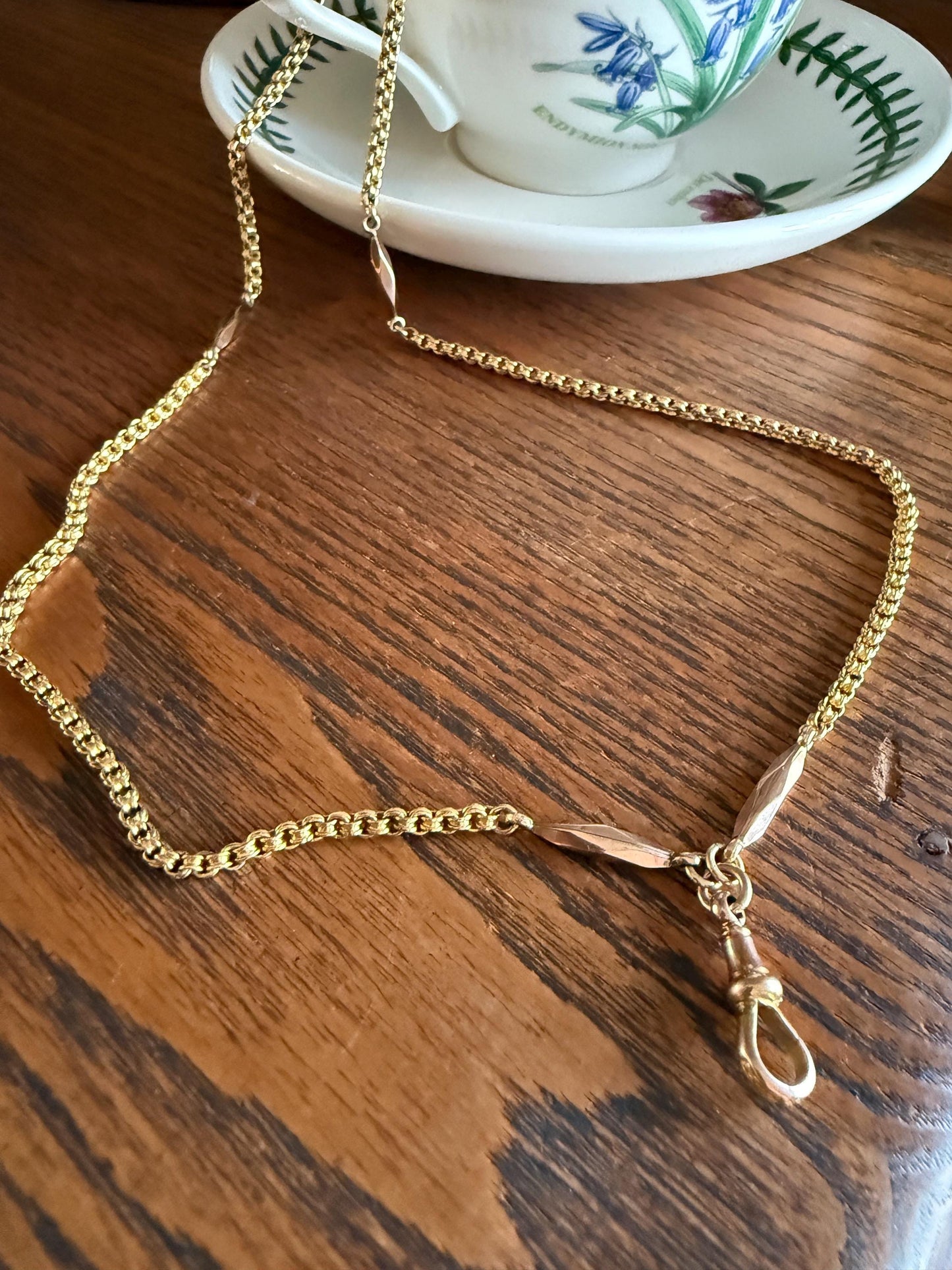 Victorian Antique Ribbed Box Chain Faceted Marquise Spacers Dog Clip Fob Pendant Holder Necklace Rose & Yellow 9k Gold Solid 18k Clasp