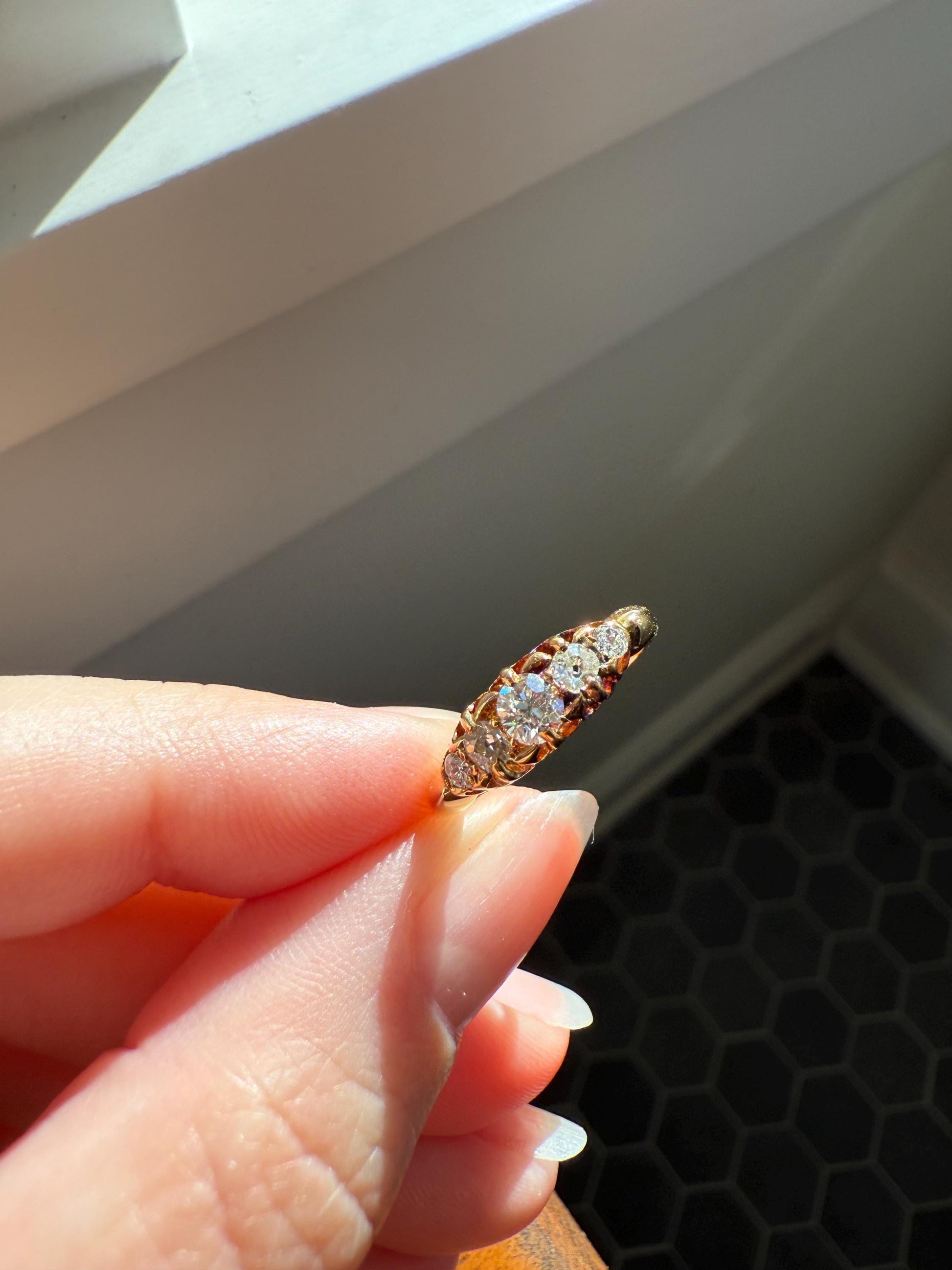 Five Stone Tapered c1889 Old Mine Cut Diamond ANTIQUE Band Ring .5 Carat Buttercup 18k GOLD Victorian Stacker Romantic Gift .5Ctw OMC