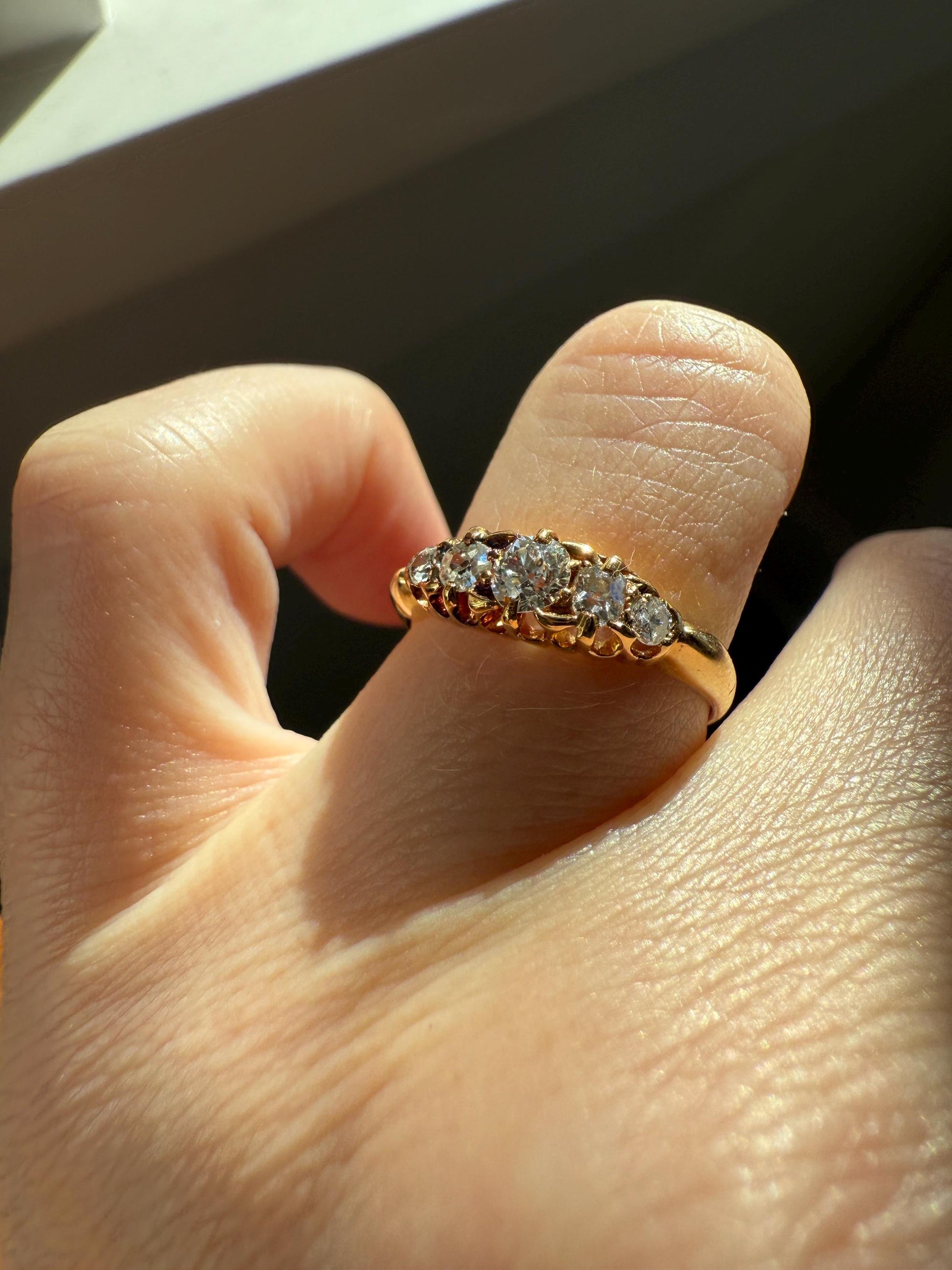 Five Stone Tapered c1889 Old Mine Cut Diamond ANTIQUE Band Ring .5 Carat Buttercup 18k GOLD Victorian Stacker Romantic Gift .5Ctw OMC