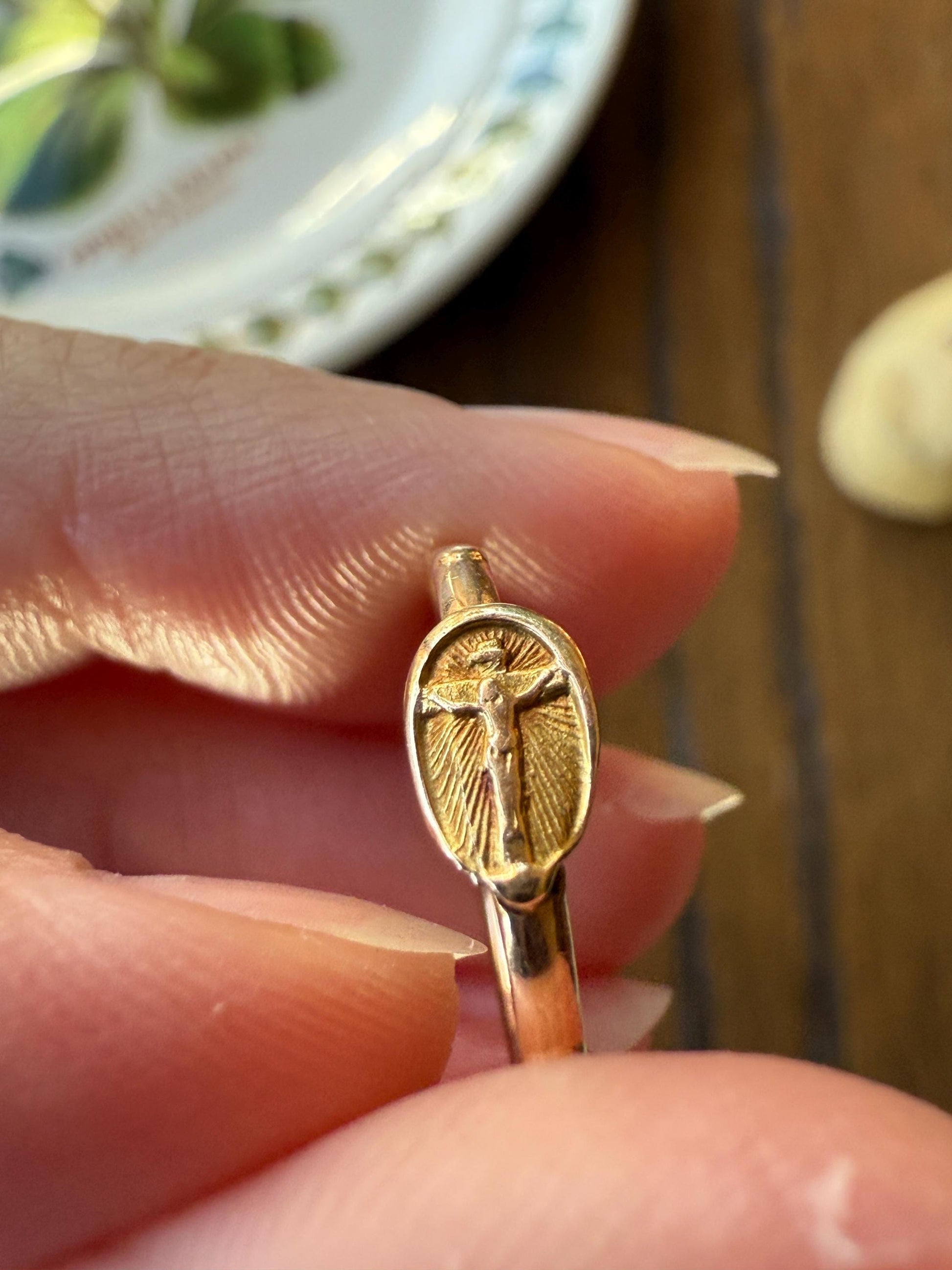 French VICTORiAN Antique ROSARY Ring 18k Gold Cross Riveted Stacker Skinny Band Unique Gift Belle Epoque Religious Minimalist Figural Dainty