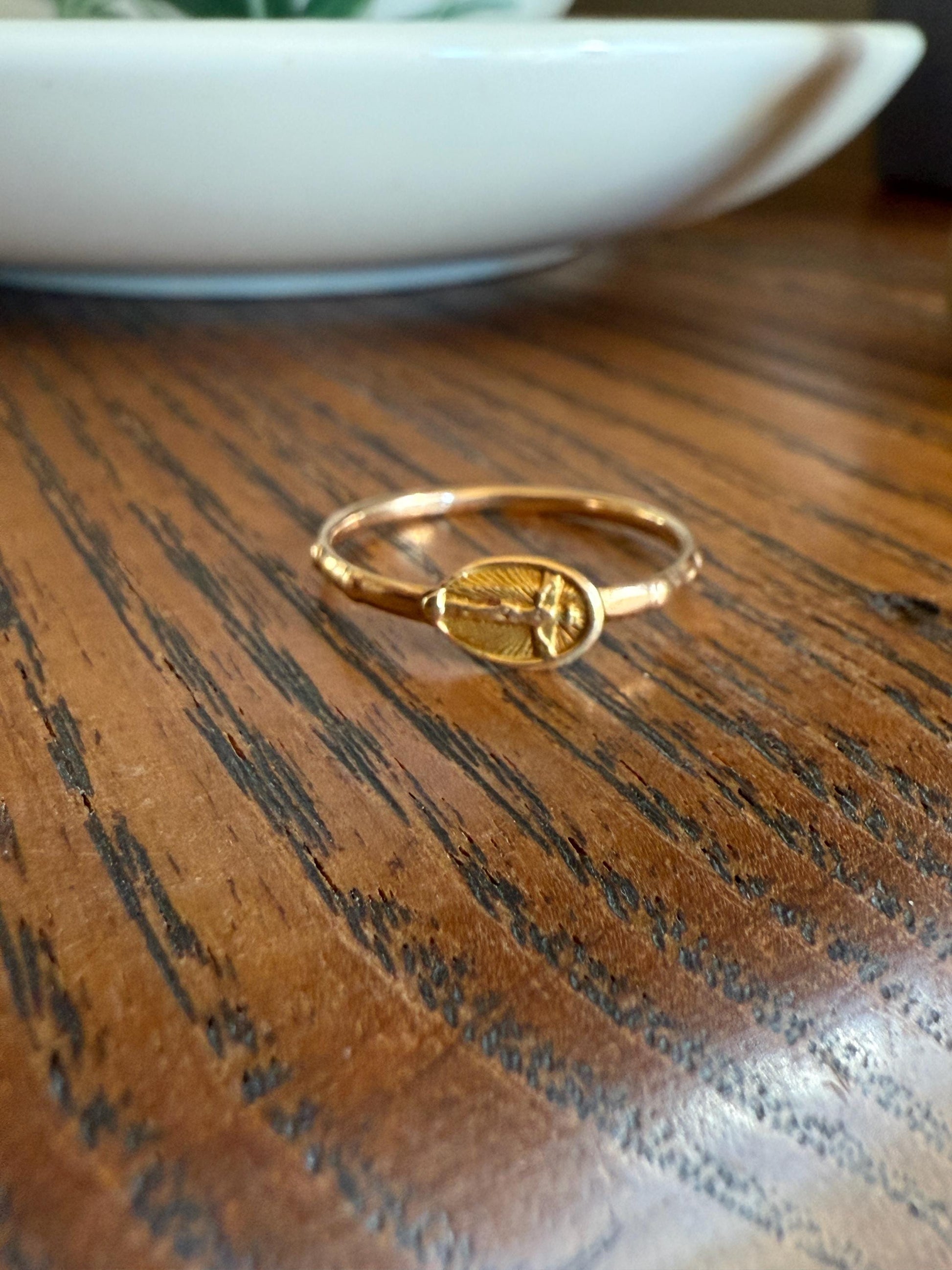 French VICTORiAN Antique ROSARY Ring 18k Gold Cross Riveted Stacker Skinny Band Unique Gift Belle Epoque Religious Minimalist Figural Dainty