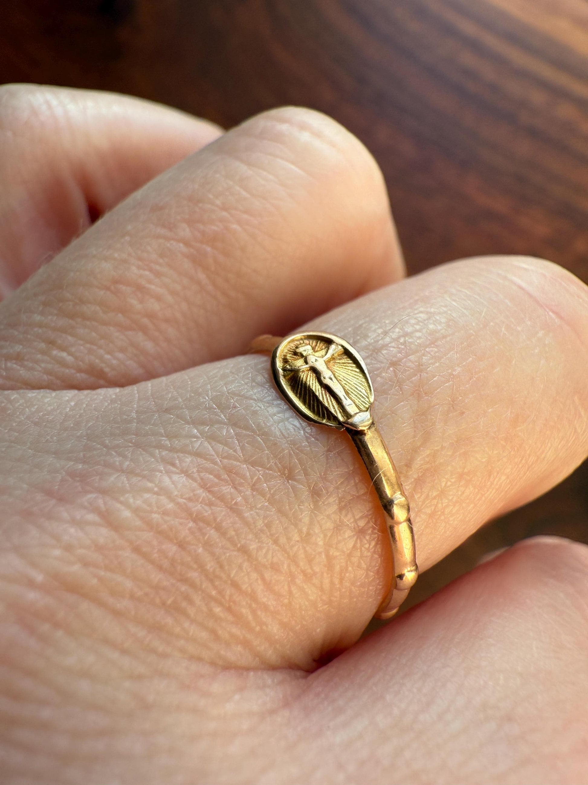 French VICTORiAN Antique ROSARY Ring 18k Gold Cross Riveted Stacker Skinny Band Unique Gift Belle Epoque Religious Minimalist Figural Dainty