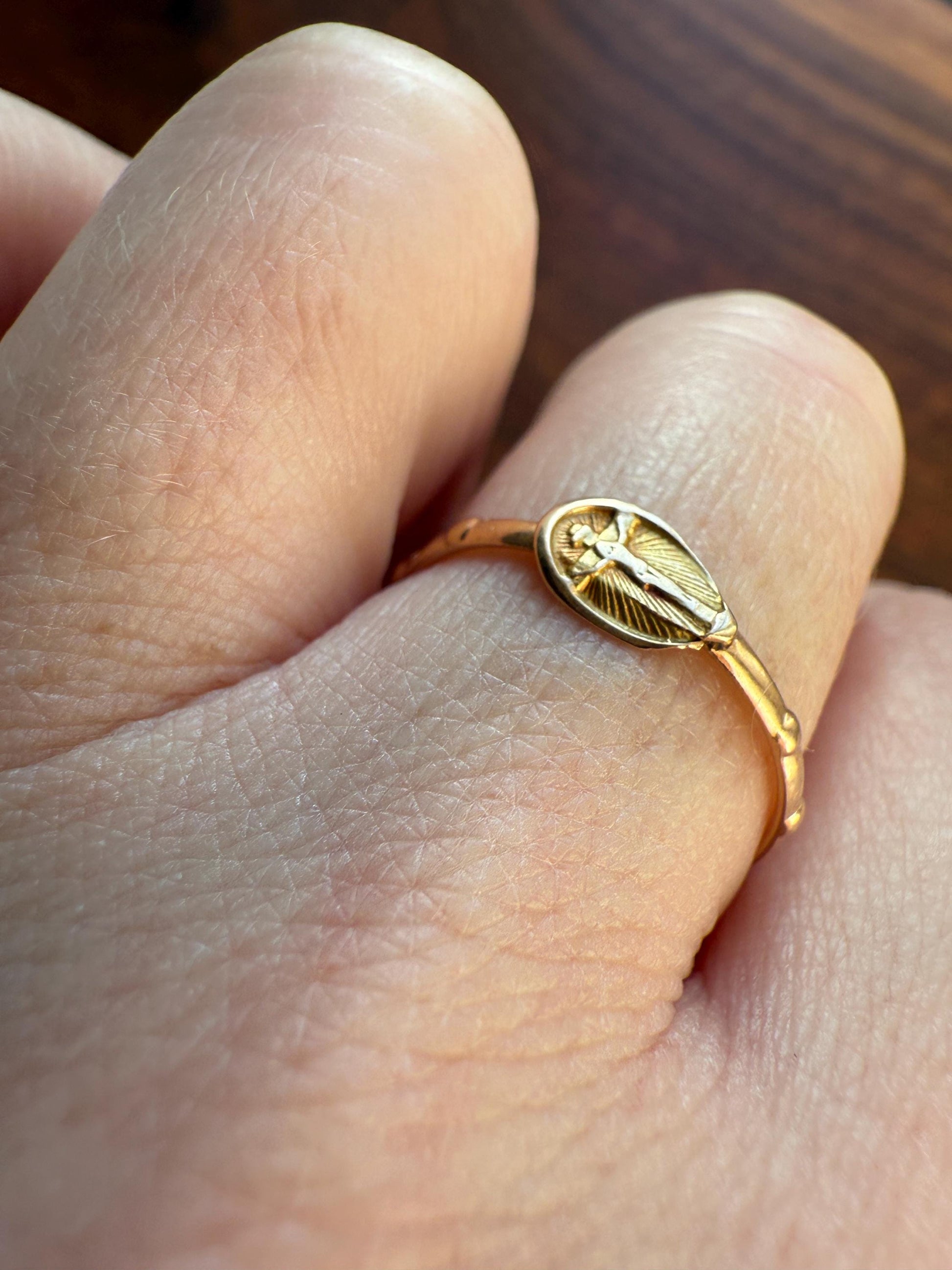 French VICTORiAN Antique ROSARY Ring 18k Gold Cross Riveted Stacker Skinny Band Unique Gift Belle Epoque Religious Minimalist Figural Dainty