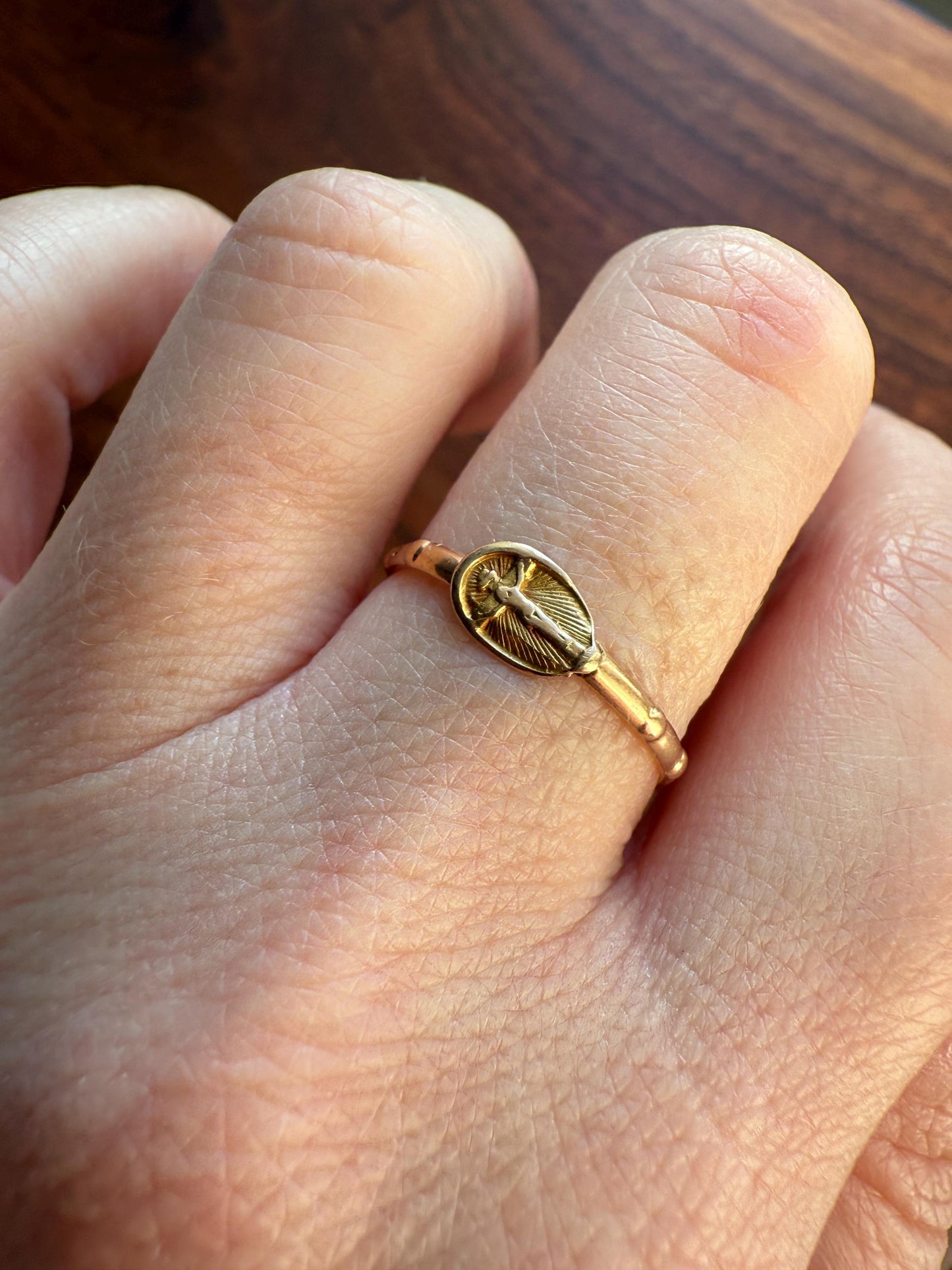 French VICTORiAN Antique ROSARY Ring 18k Gold Cross Riveted Stacker Skinny Band Unique Gift Belle Epoque Religious Minimalist Figural Dainty